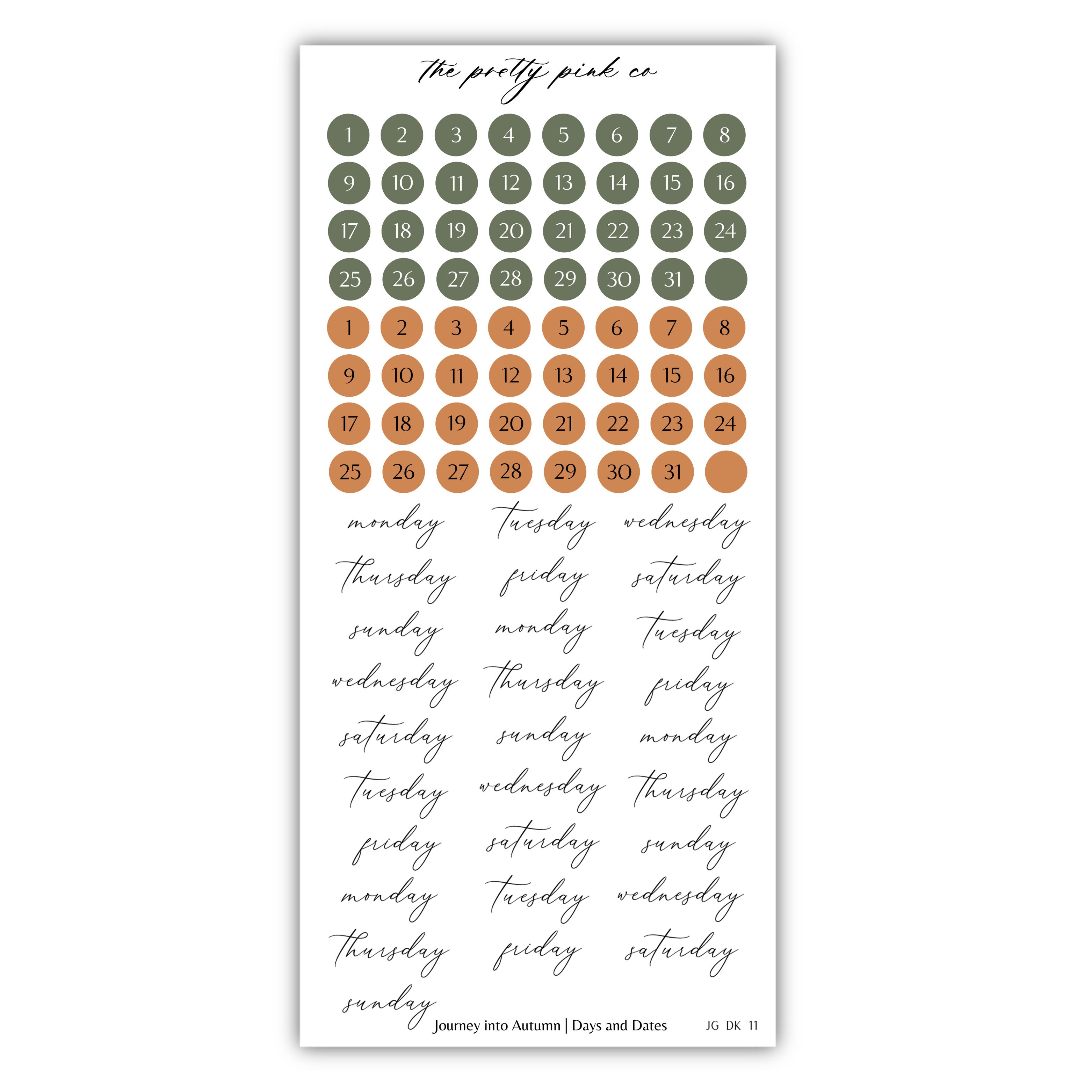 The image is a calendar with a grid of numbered days and a separate grid of colored circles representing the days of the week. The calendar is titled "The pretty pink co" and includes a section for a "Journey into Autumn (Days and Dates)".