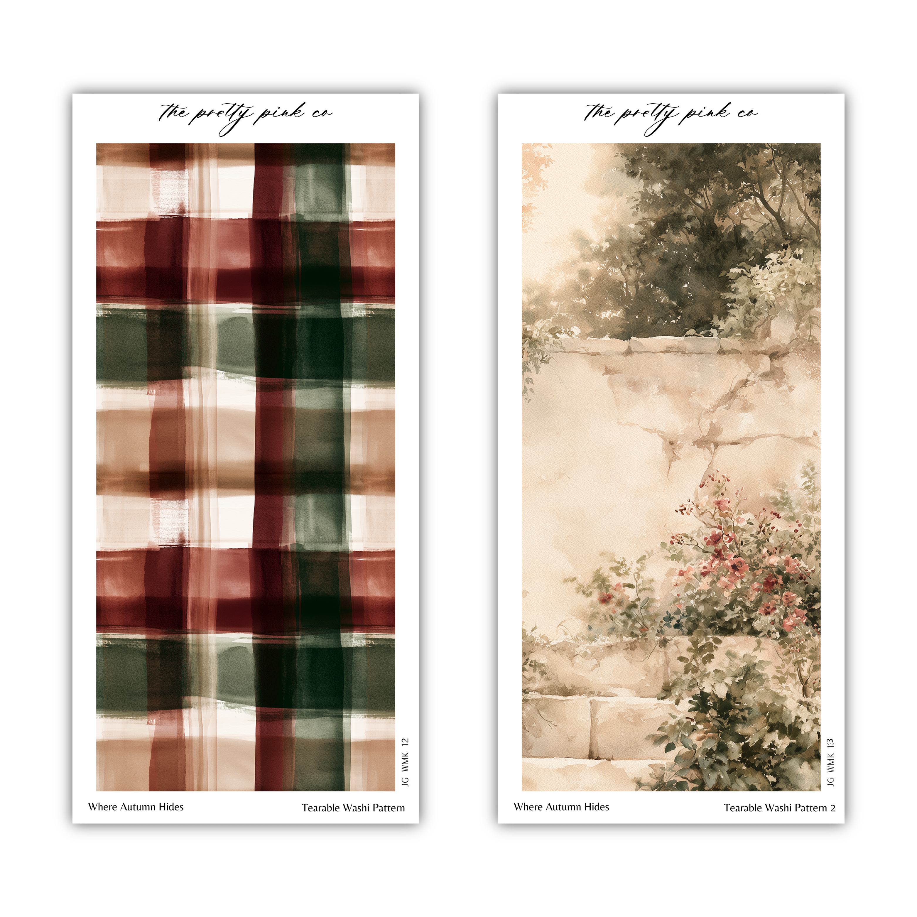 two distinct patterns, one with a checkered design and the other with a floral pattern. The text above each image reads "The pretty pink co" and below each image, it says "Where Autumn Hides" and "Tearable Wash Pattern 2".