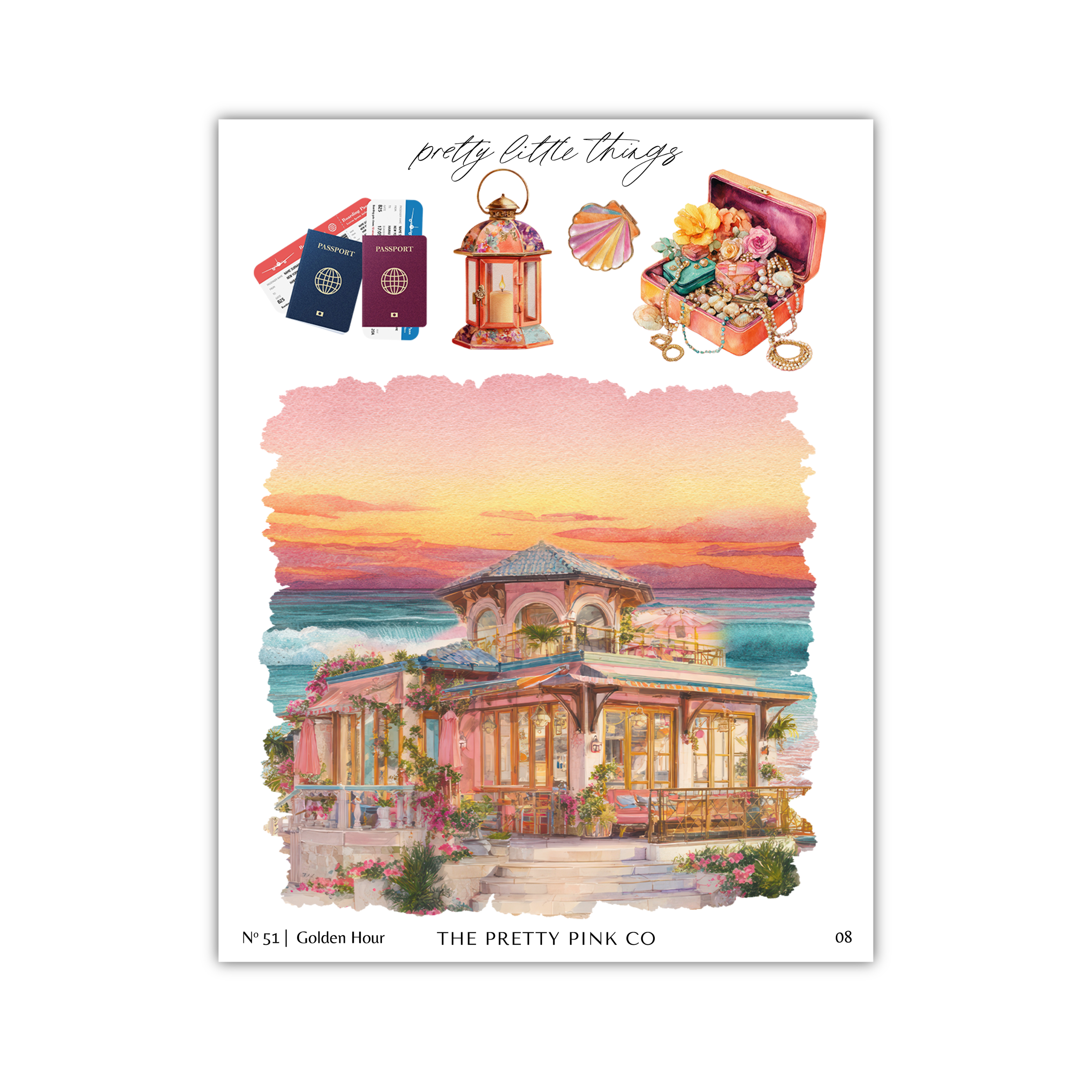 The image is a collage featuring a tropical resort with a sunset, a lantern, a suitcase, and a passport.