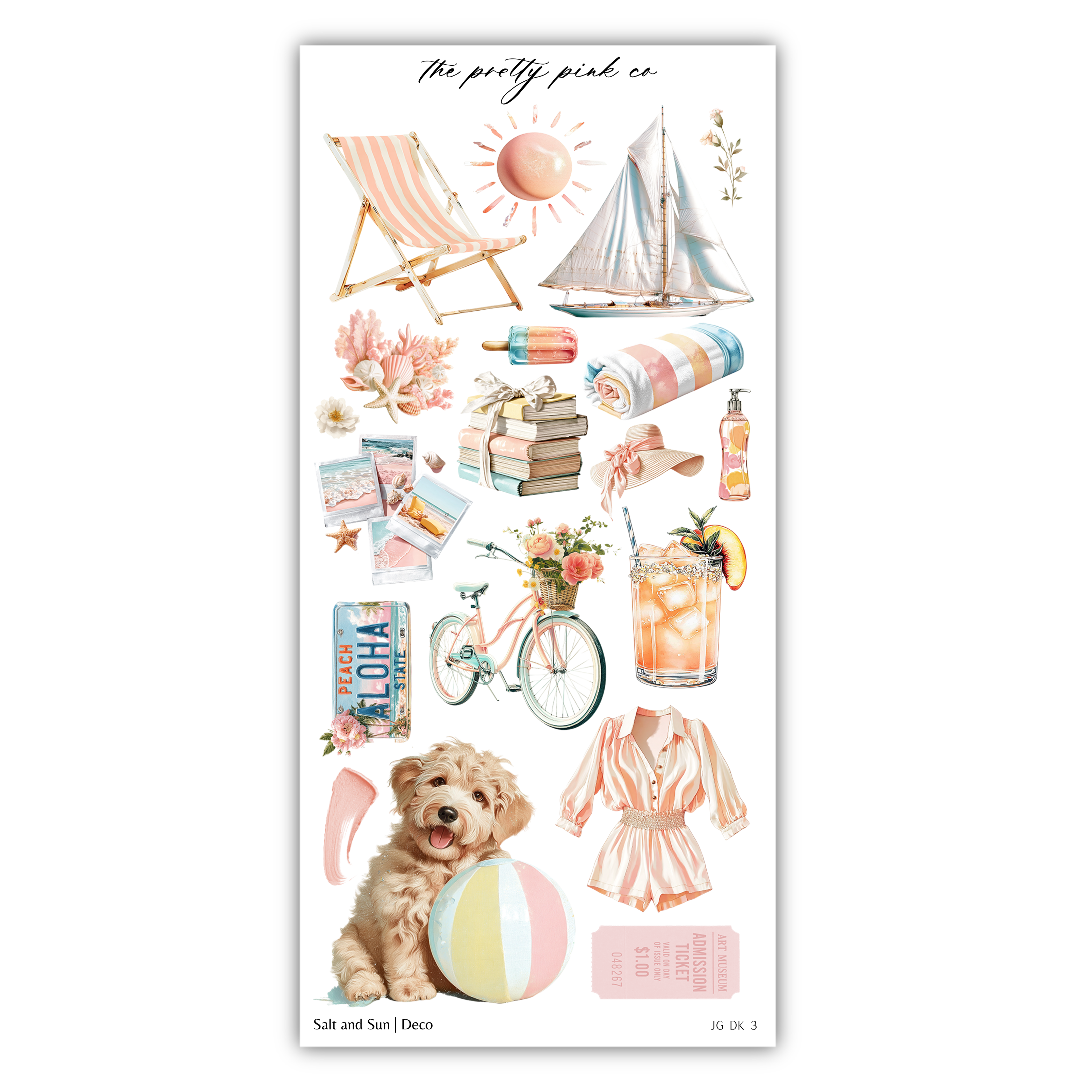 The image is a collage of various summer-themed items, including a beach chair, sailboat, bicycle, books, flowers, a dog, a beach ball, and a cocktail glass.