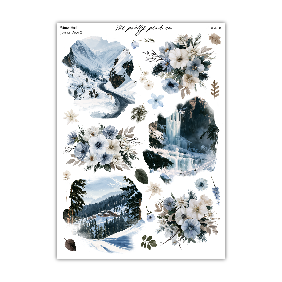 a collage of various winter-themed images, including snow-covered mountains, flowers, and trees. The collage is a collection of different pictures that together create a winter landscape scene.