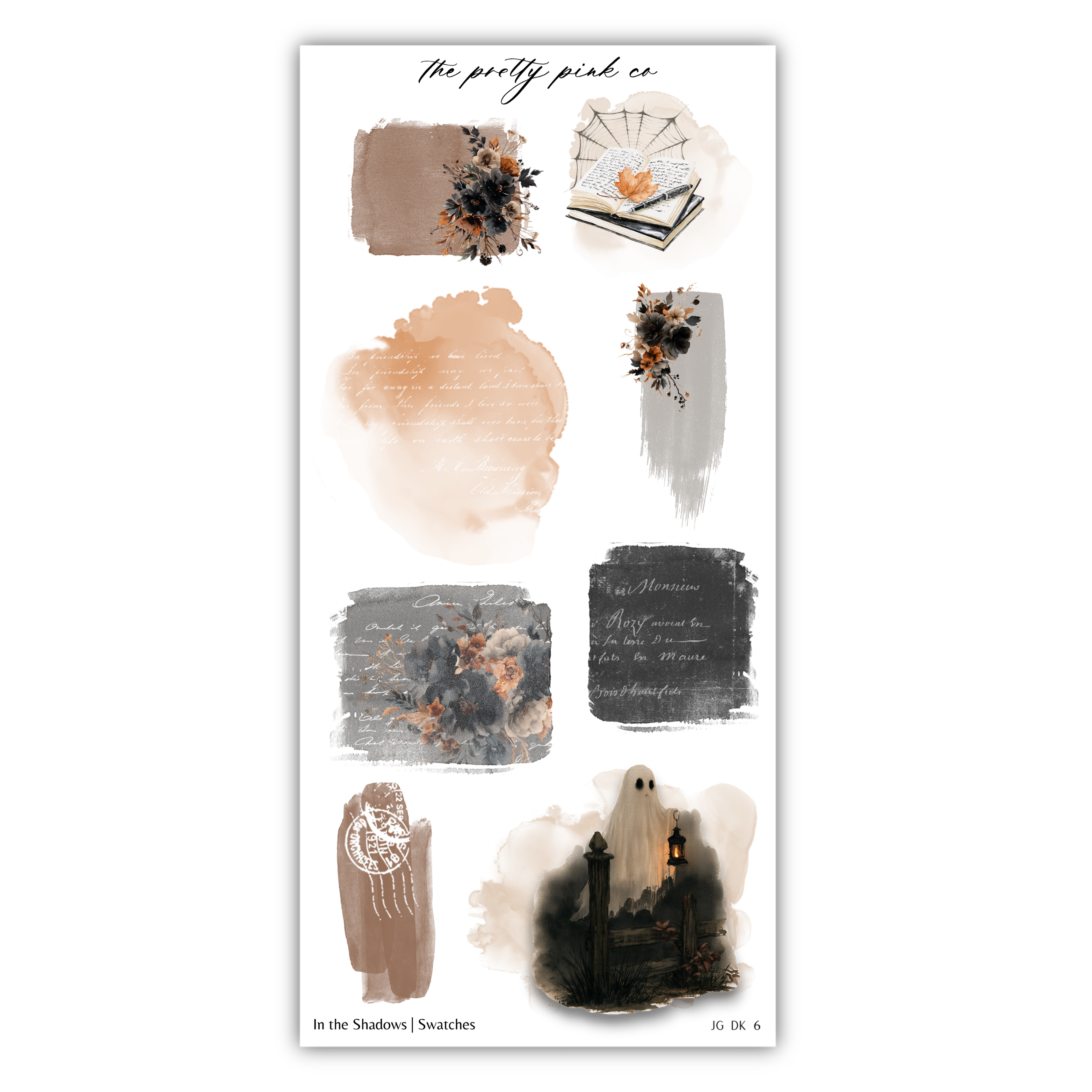 various Halloween-themed illustrations, including a ghost, a skeleton, and a spooky house. The text "The pretty pink co" is written above the illustrations, and the phrase "In the shadows | swatches" is written at the bottom.
