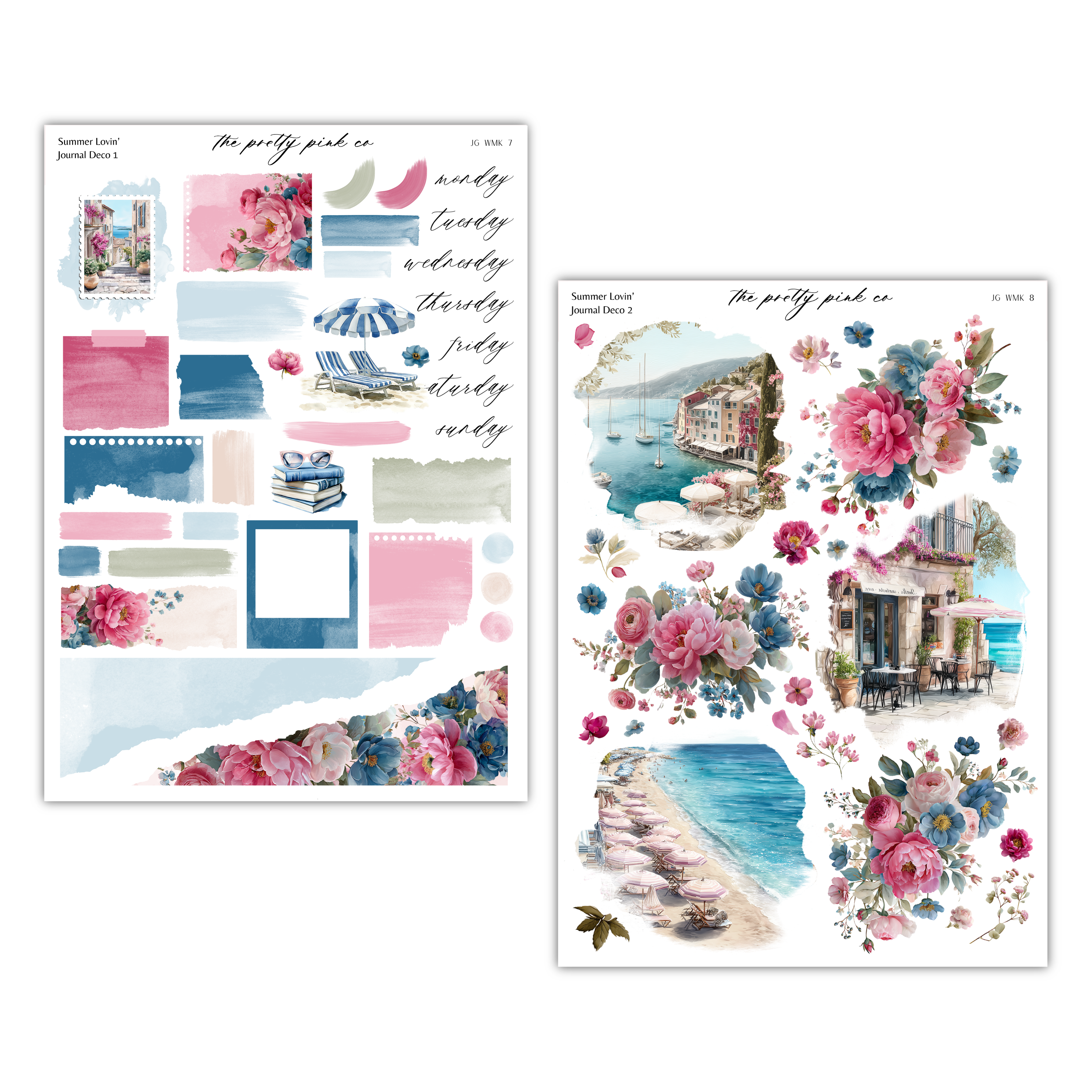 two separate images, each featuring a variety of floral and beach-themed elements. The images are arranged side by side, creating a visually appealing collage.