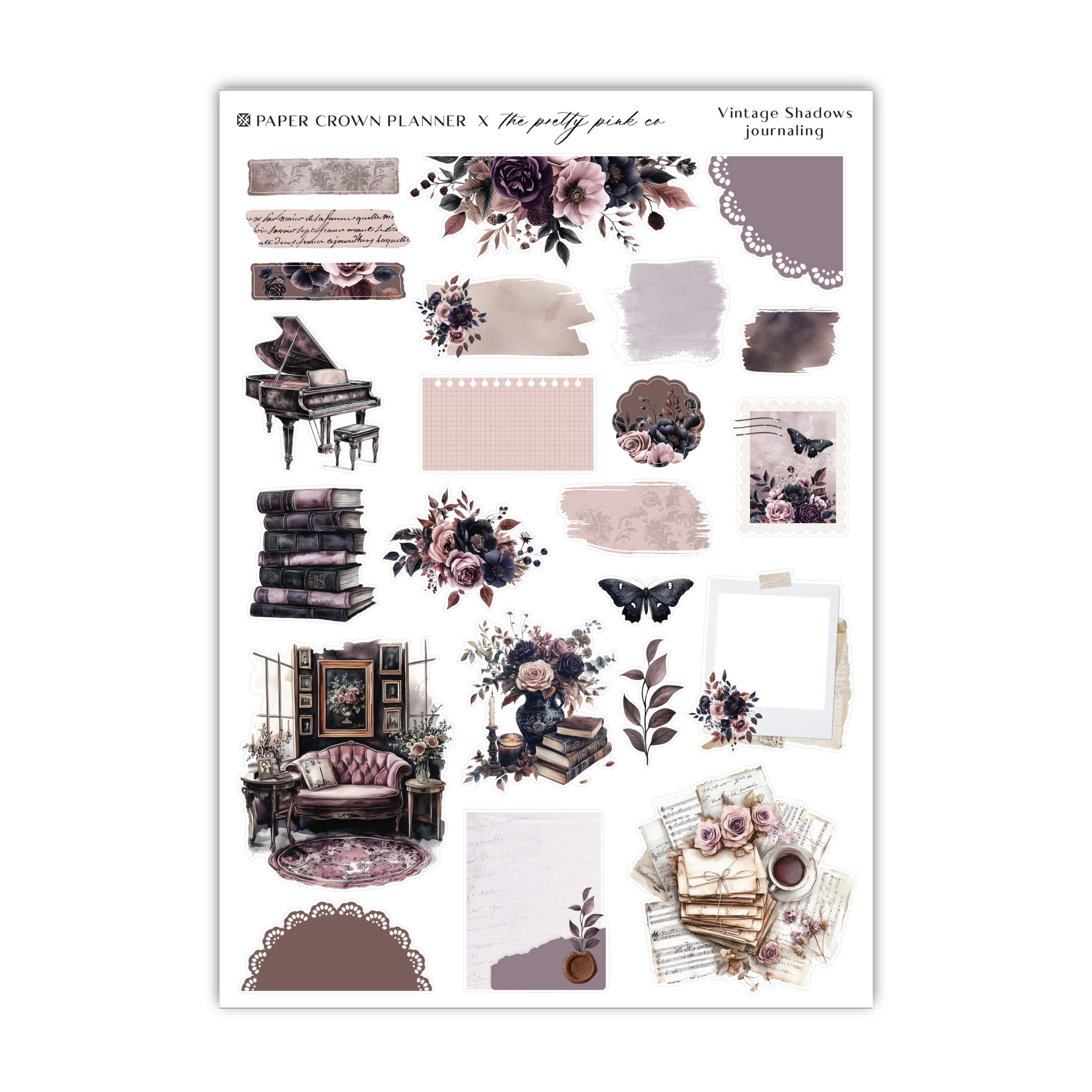 a sheet of stickers with flowers and a piano