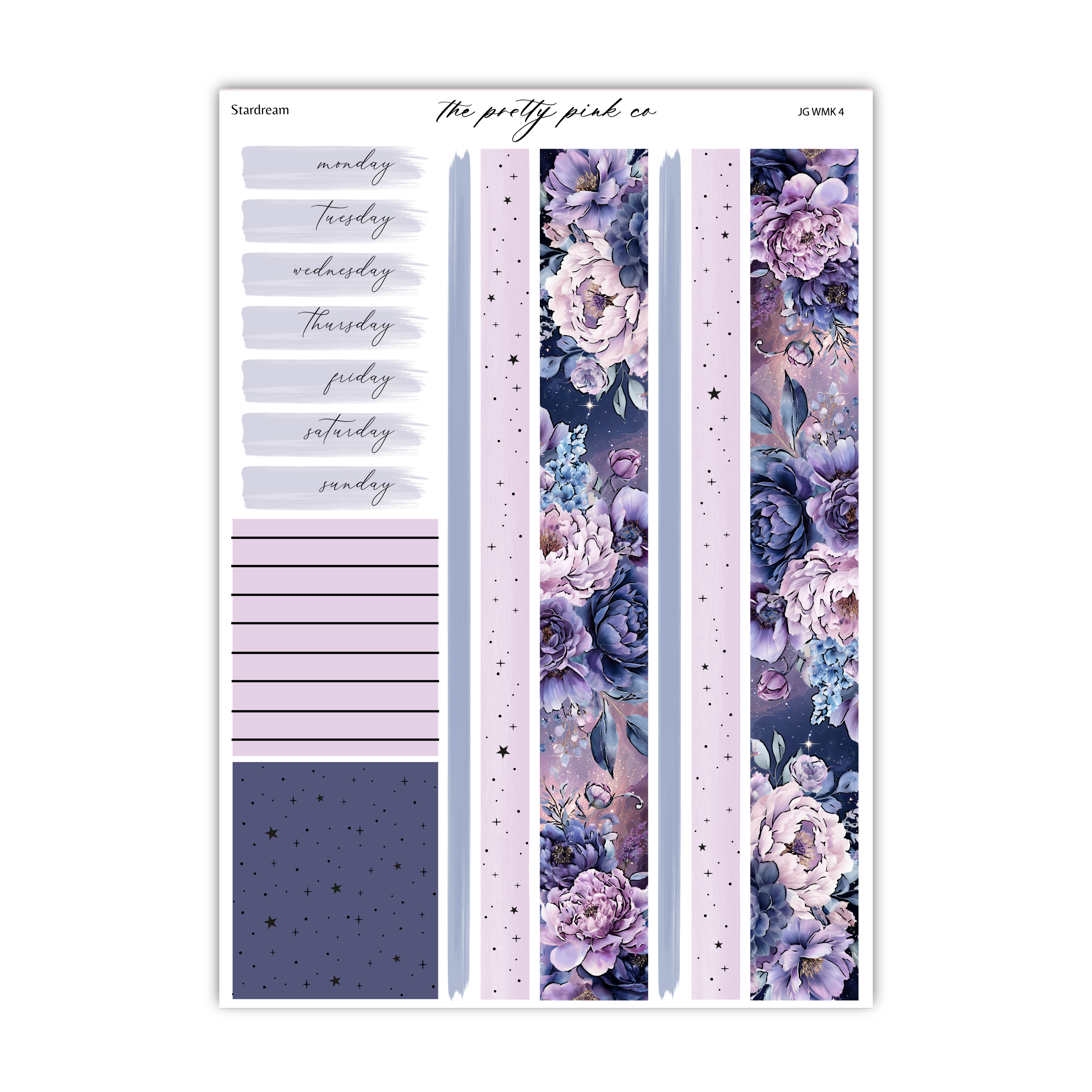 The image is a printed page with various elements, including a floral pattern, a list of days of the week, and a starry background. The page appears to be a calendar or planning organizer with a focus on floral designs and organization.
