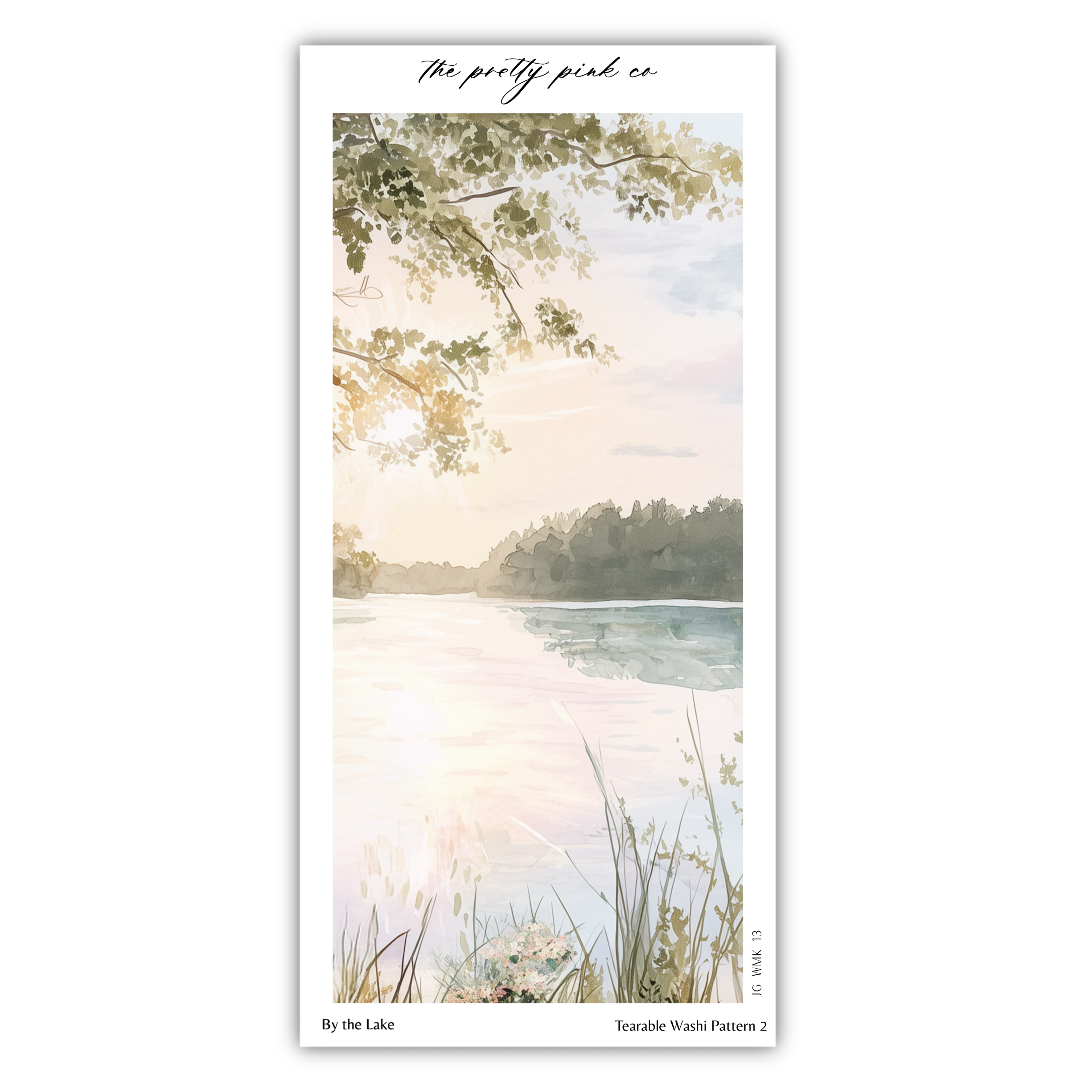 a serene lake surrounded by lush greenery, with a warm, golden sunset casting a peaceful atmosphere over the scene.