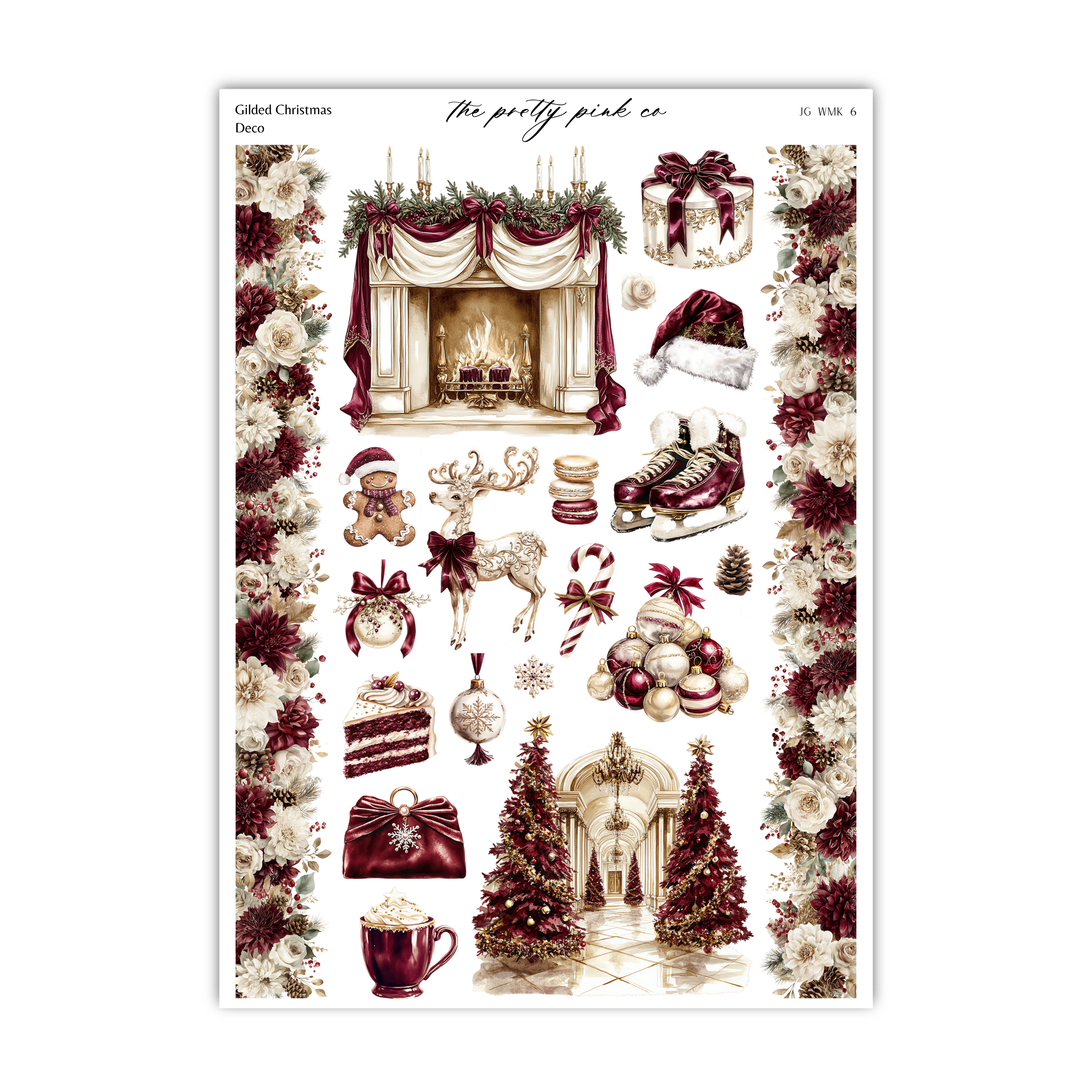 The image is a collage of various Christmas-themed items, including a fireplace, a Santa hat, a reindeer, a gift box, a pair of skis, a pair of snowshoes, a cake, a cup, a vase, a tree, and a snowflake.