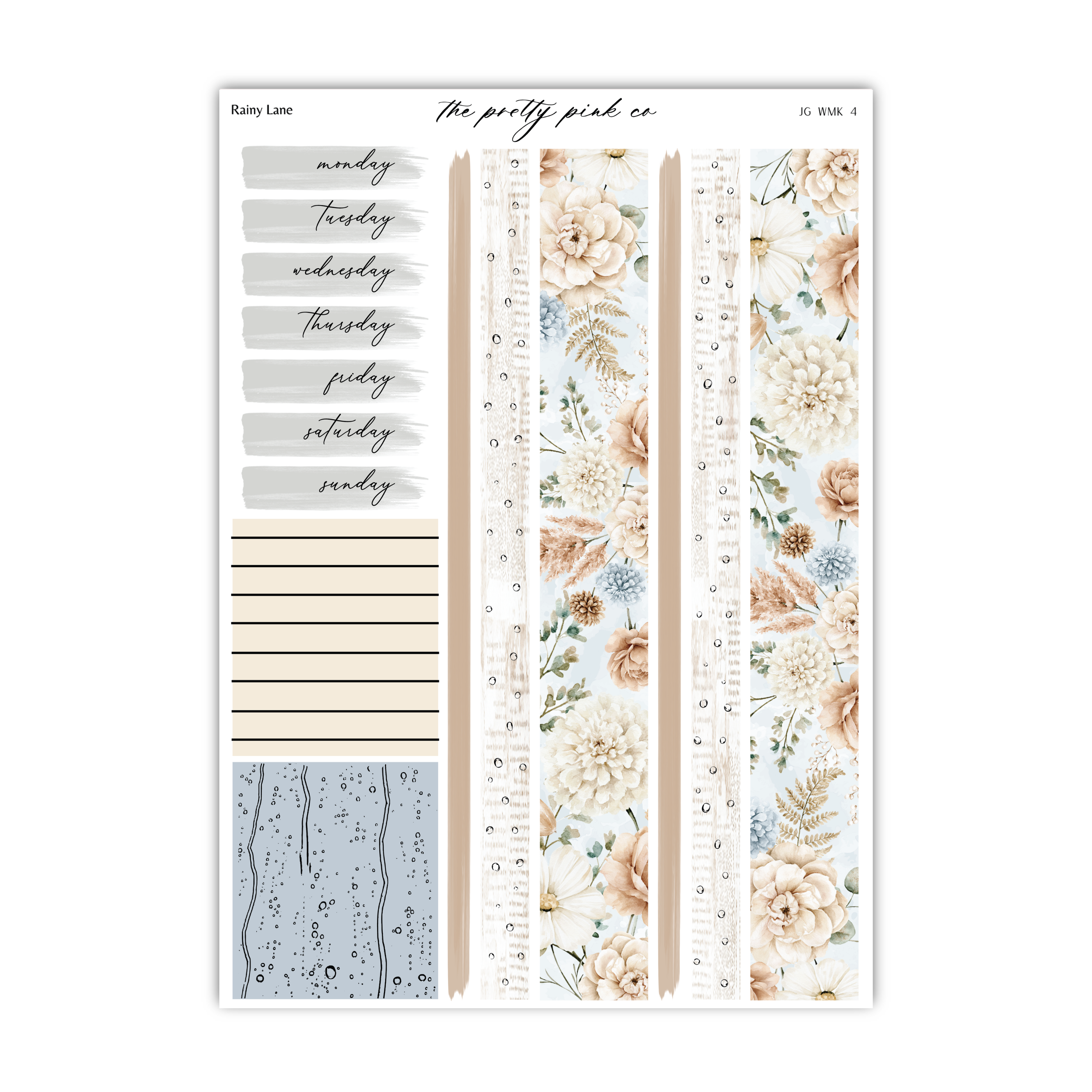 The image is a printed layout featuring a floral pattern, a ruler, and a list of days of the week.