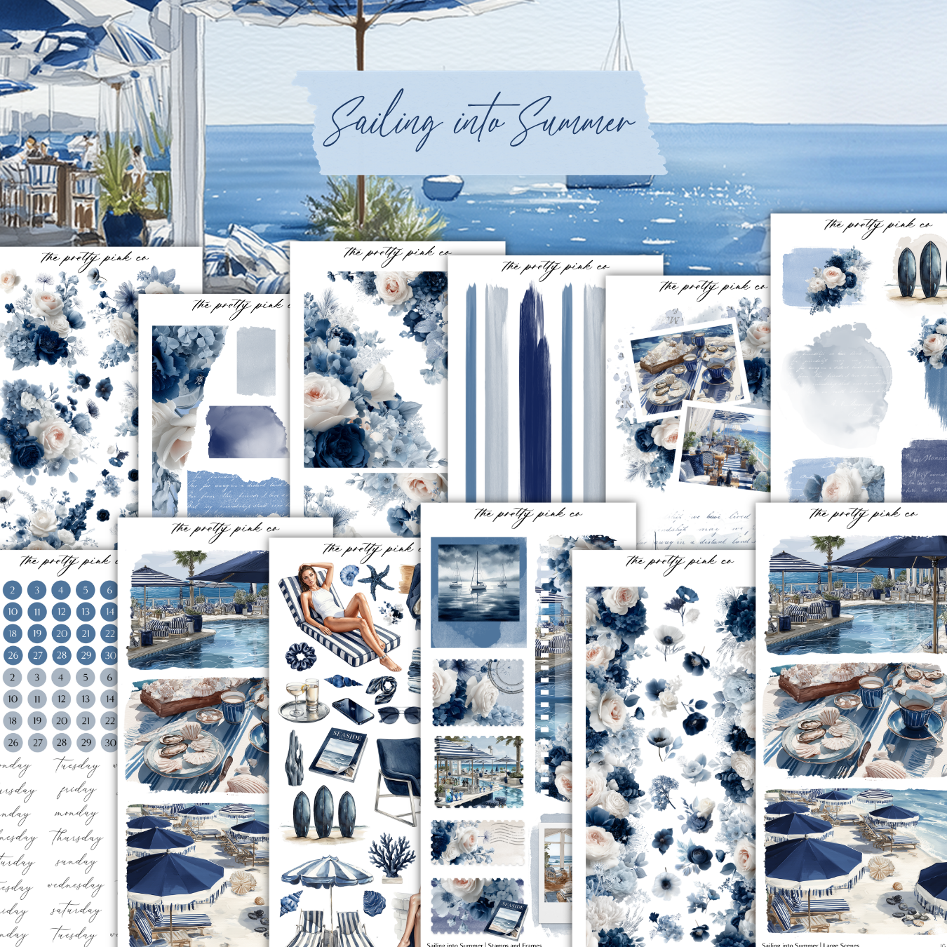 The image is a collage of various nautical and summer-themed images, including a sailboat, beach scenes, and beach umbrellas. The collage is titled "Sailing into Summer" and includes text that describes the images, such as "The pretty pink co" and "The pretty pink co".