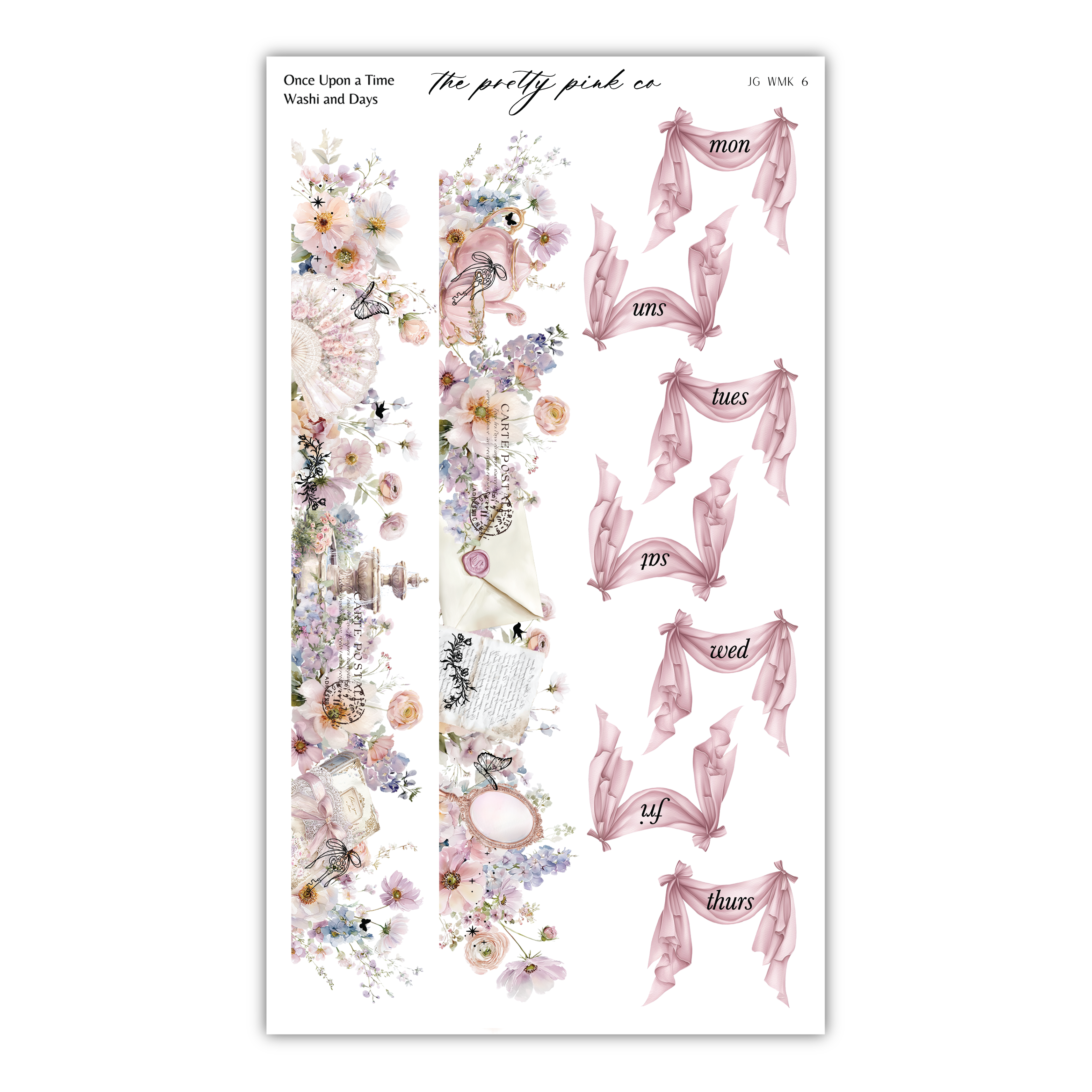 The image is a collage of various floral and decorative elements, including flowers, ribbons, and other decorative items. The collage is titled "Once Upon a Time" and includes a schedule or calendar with days of the week written on it.