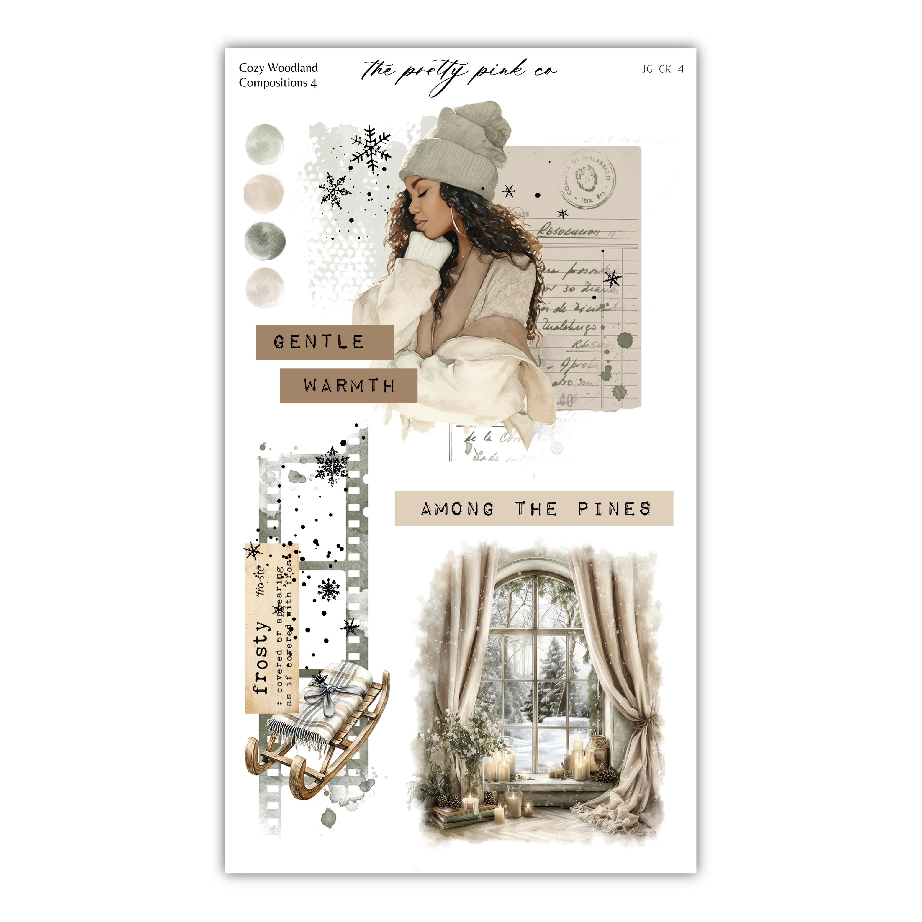 The image is a collage of various winter-themed elements, including a woman in a hat, a snowy landscape, and a cozy indoor scene.