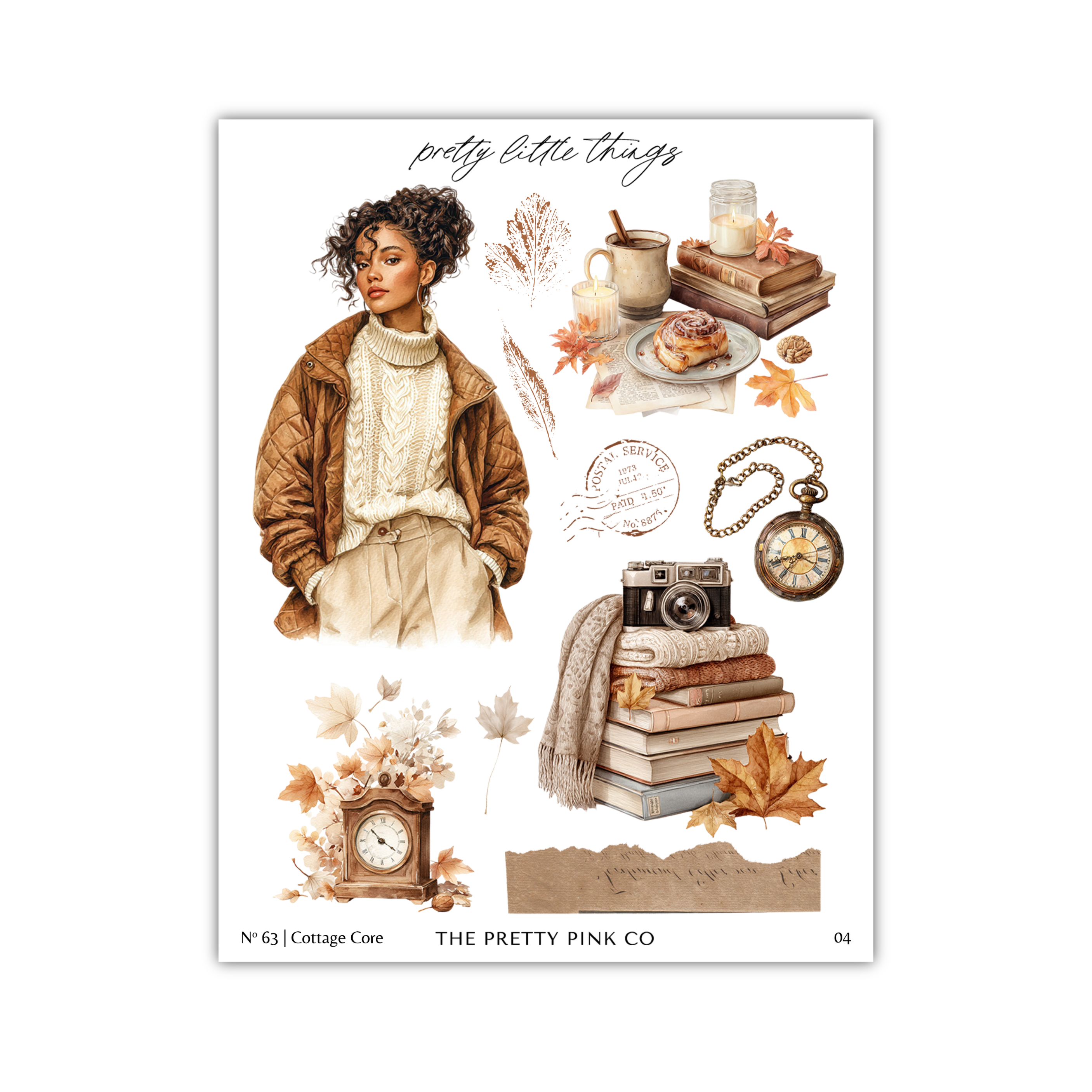 The image is a collage of various autumn-themed items, including a woman, books, a clock, a cup, a mug, a pastry, and leaves.