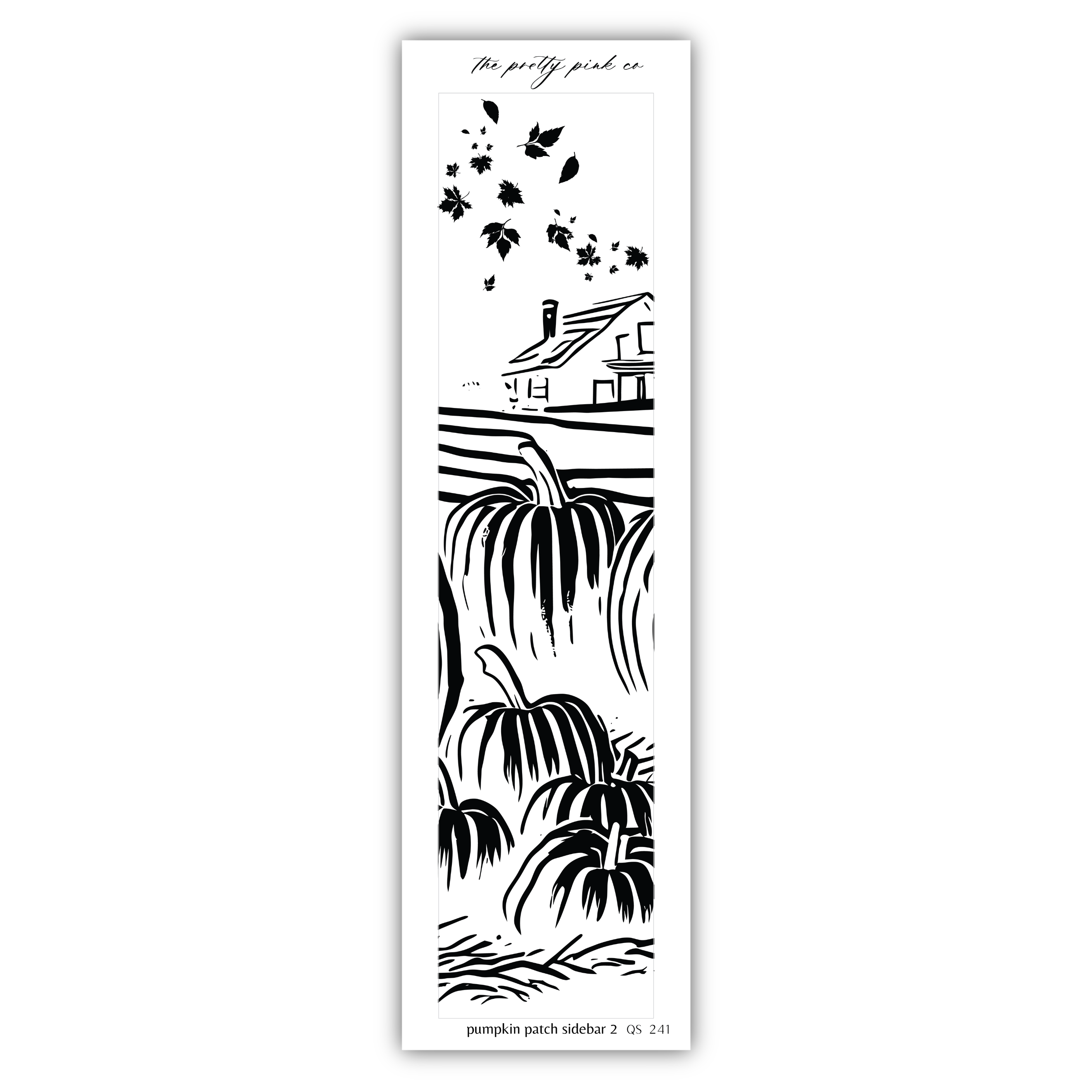 A black and white illustration depicting a pumpkin patch with a house in the background, surrounded by falling leaves.