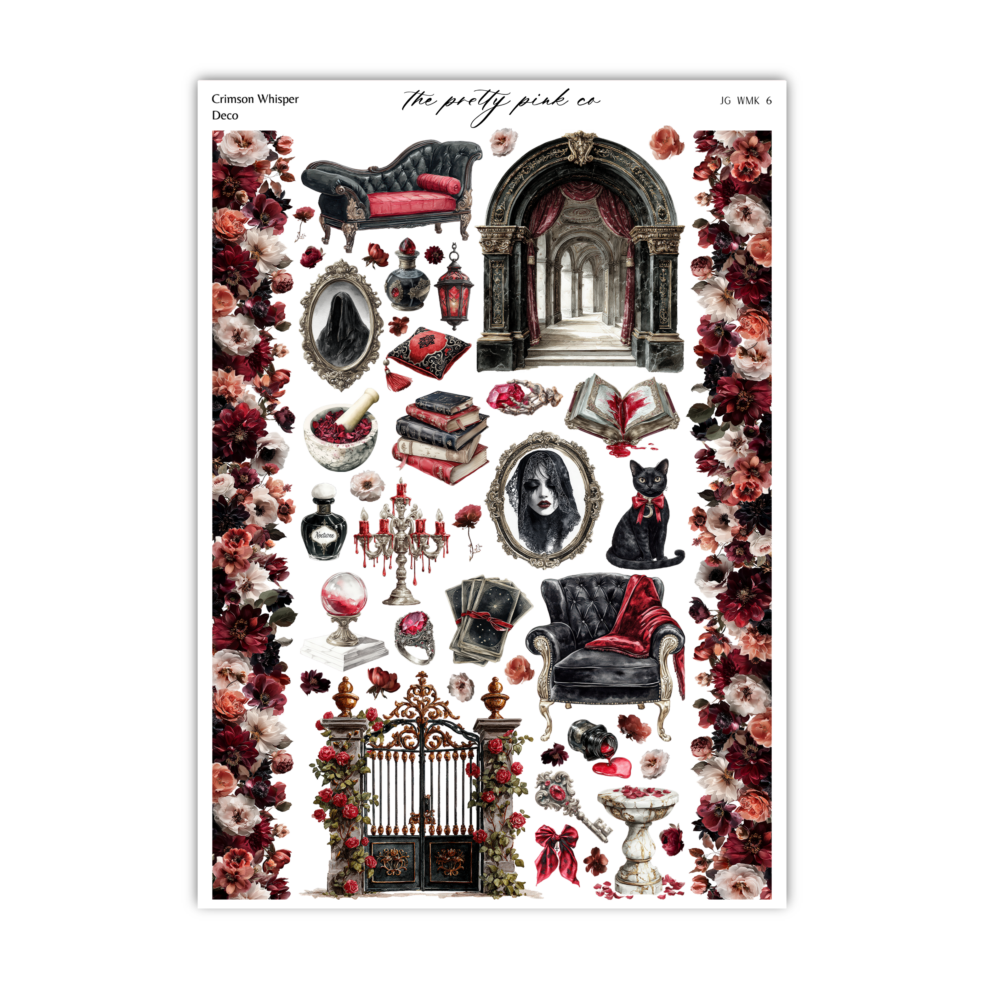The image is a collage of various decorative and ornamental items, including a couch, a mirror, a cat, a book, a chandelier, a gate, and a vase, all set against a backdrop of red and black floral elements.