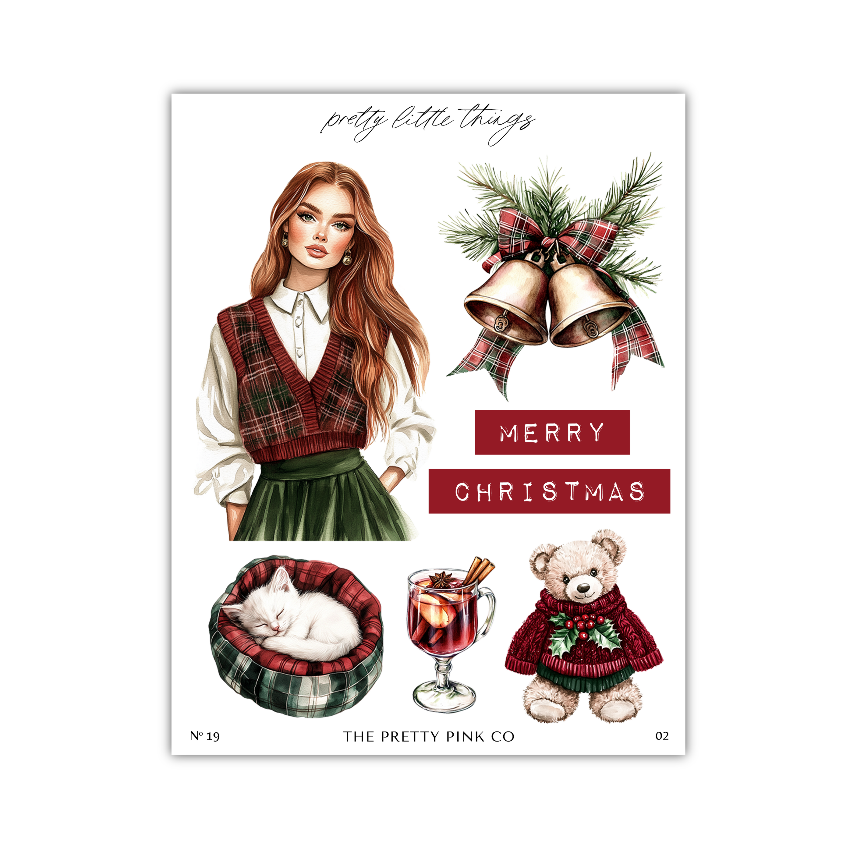 The image is a collage of Christmas-themed illustrations, including a woman in a red and green plaid vest, a sleeping cat in a basket, a teddy bear in a sweater, and Christmas bells.