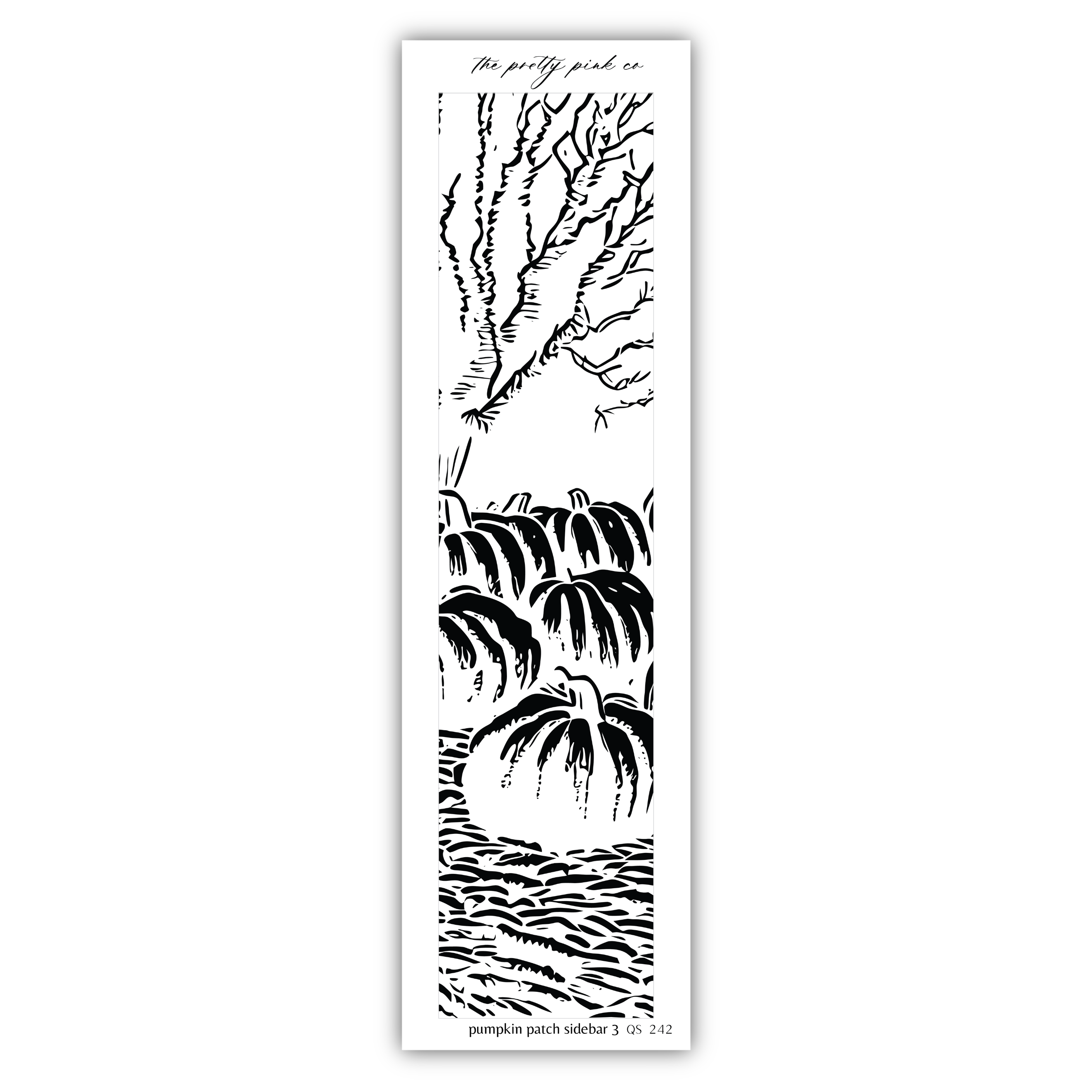 A black and white illustration depicting a pumpkin patch with a tree and a sky background.