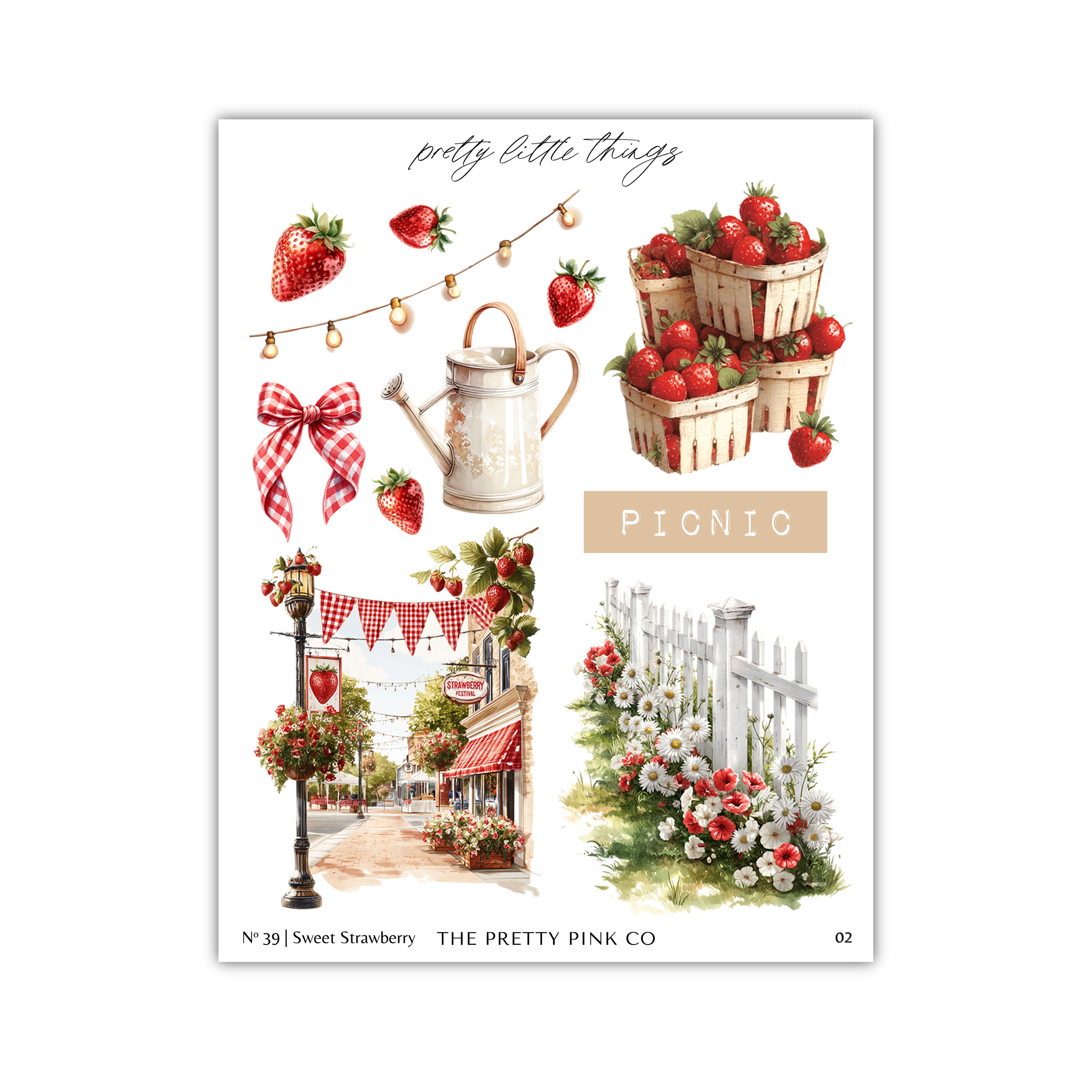The image is a collage of various elements related to a picnic, including strawberries, a watering can, a picnic basket, a white fence, and a street sign.