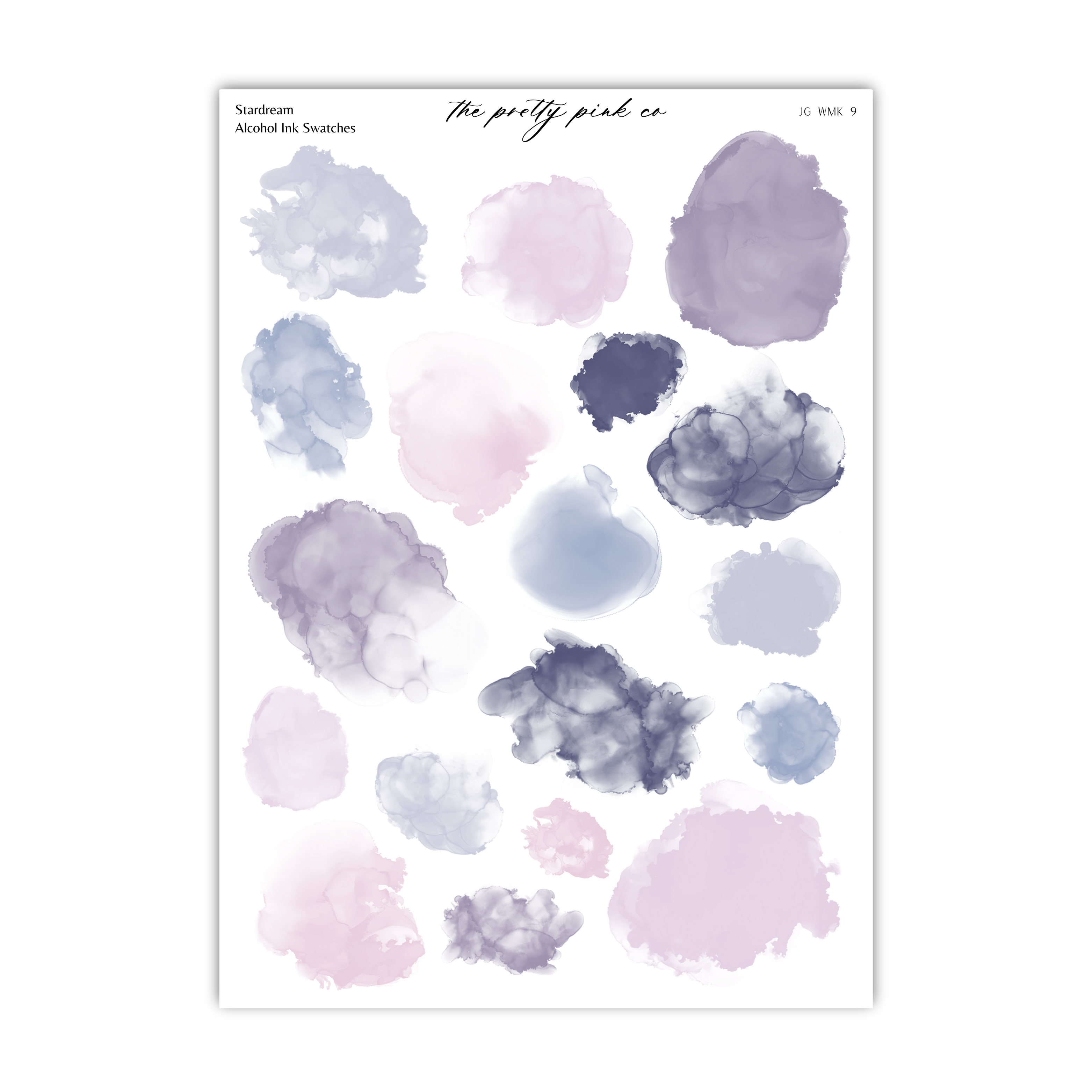 a collection of abstract watercolor brush strokes in various shades of purple, pink, and blue, arranged in a grid-like pattern.