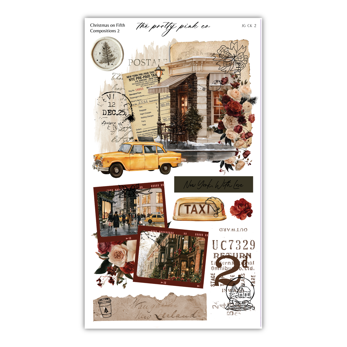 The image is a collage of various elements, including a yellow taxi, a building, a clock, a rose, and other decorative items. The collage appears to be a creative and artistic representation of a city scene, possibly from a holiday or special occasion.