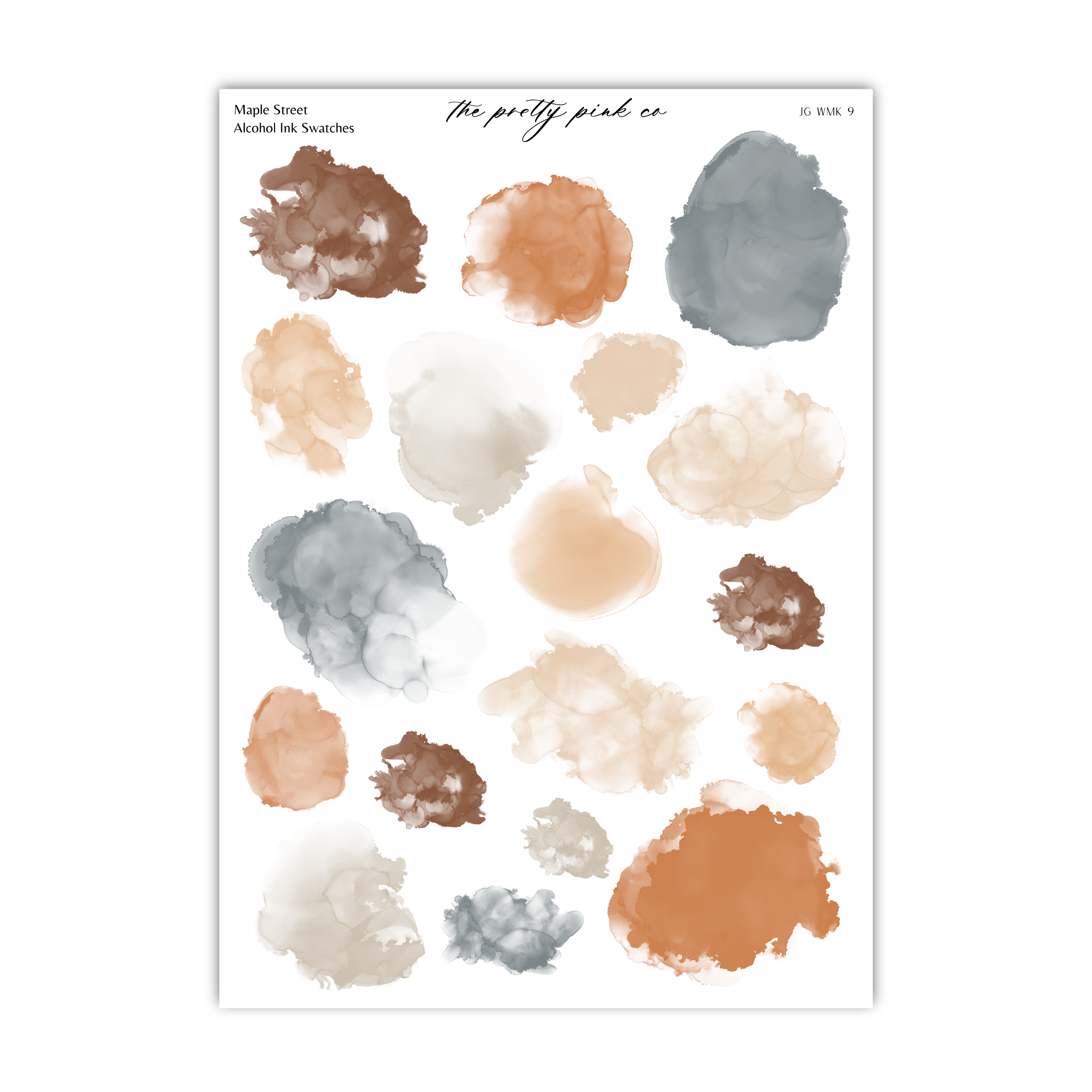 a collection of abstract watercolor brush strokes in various shades of brown, gray, and orange, arranged in a grid-like pattern.