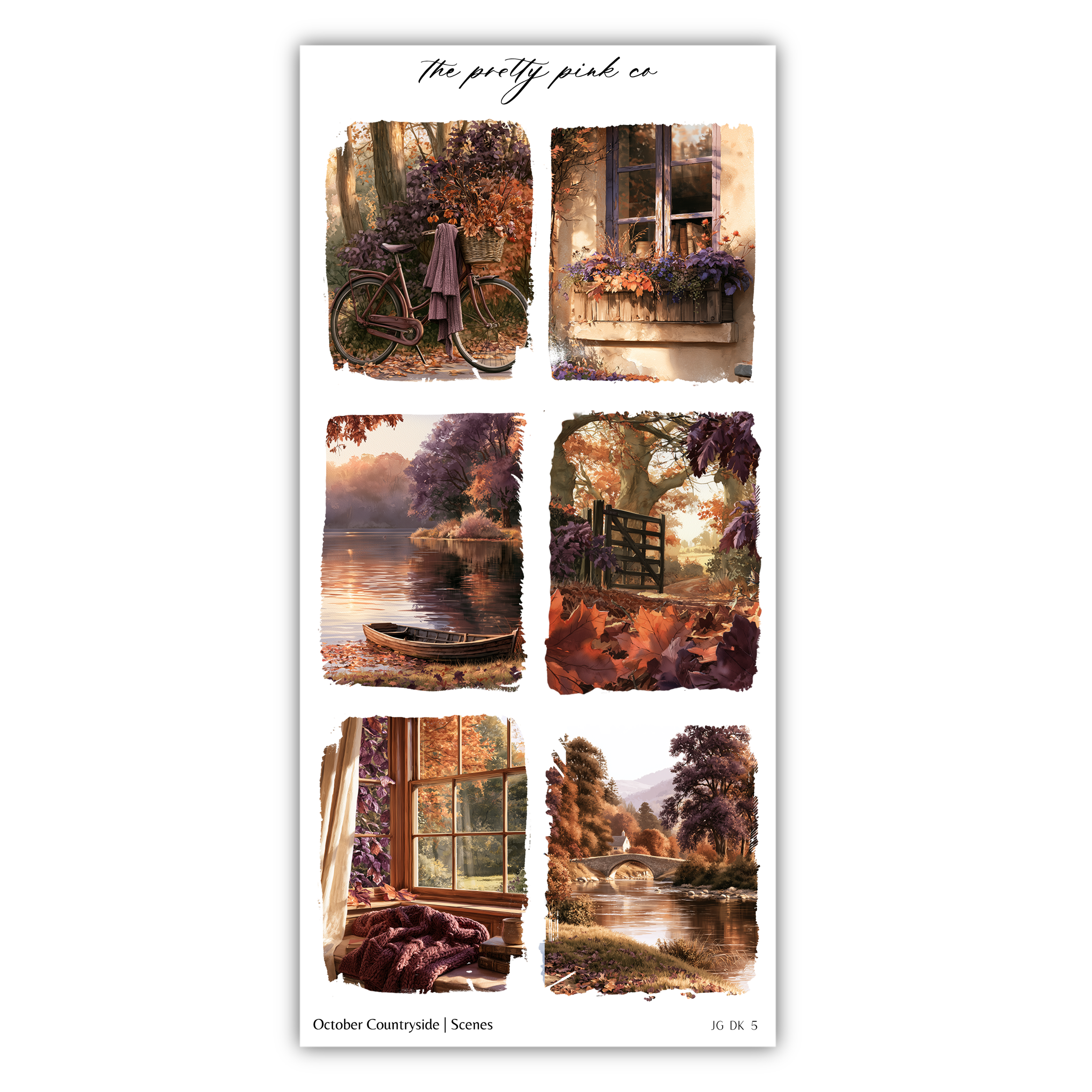 The image is a collage of six pictures depicting various autumn scenes, including a bicycle, a window with a flower box, a boat on a lake, a tree with autumn leaves, a bridge, and a forest.