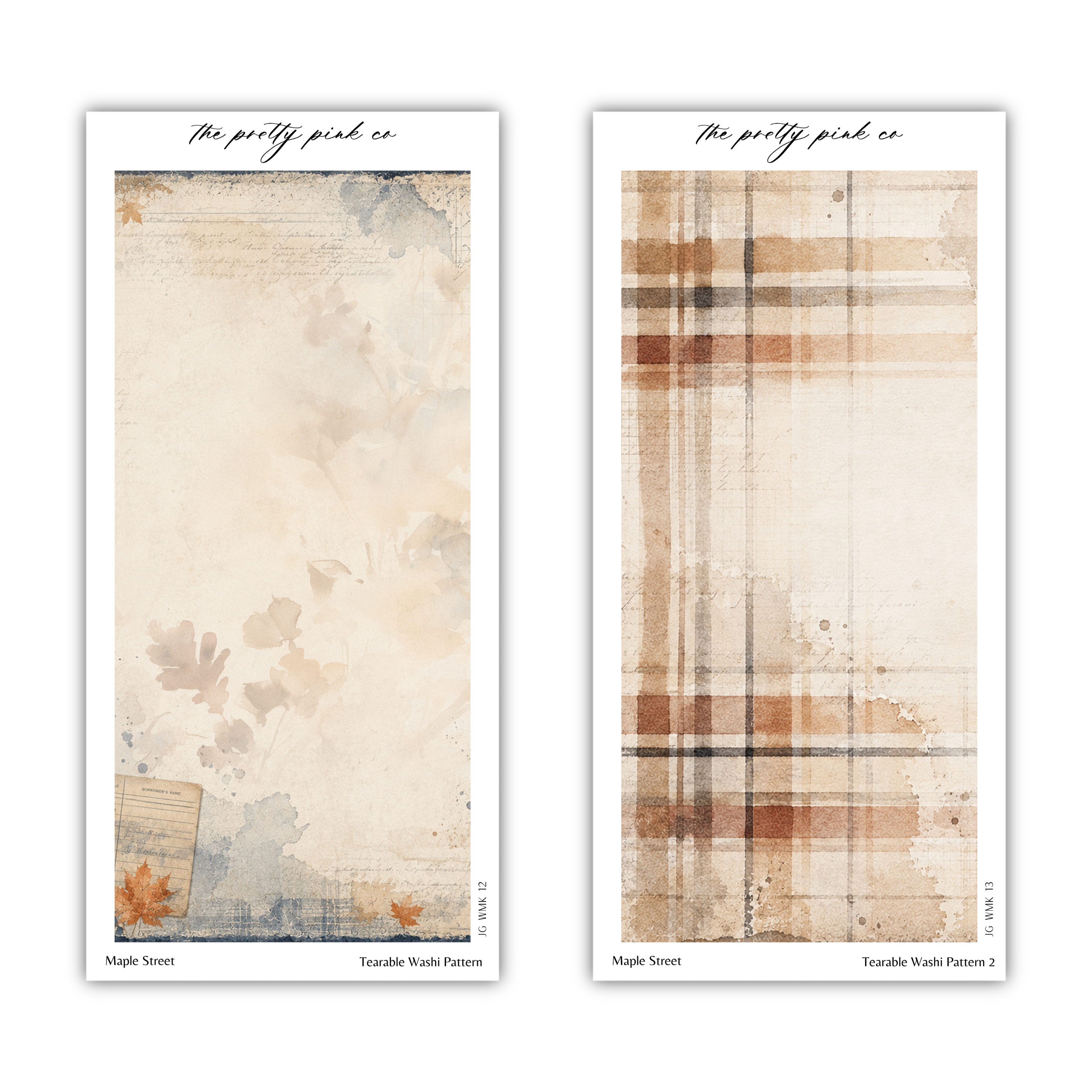 two different abstract artworks with various textures and patterns. The artworks are titled "Maple Street" and "Terrable Wash Pattern 2", and they are described as "The pretty pink co" and "The pretty pink co" respectively. The artworks are not described in detail, and the image is not a collage of multiple images.