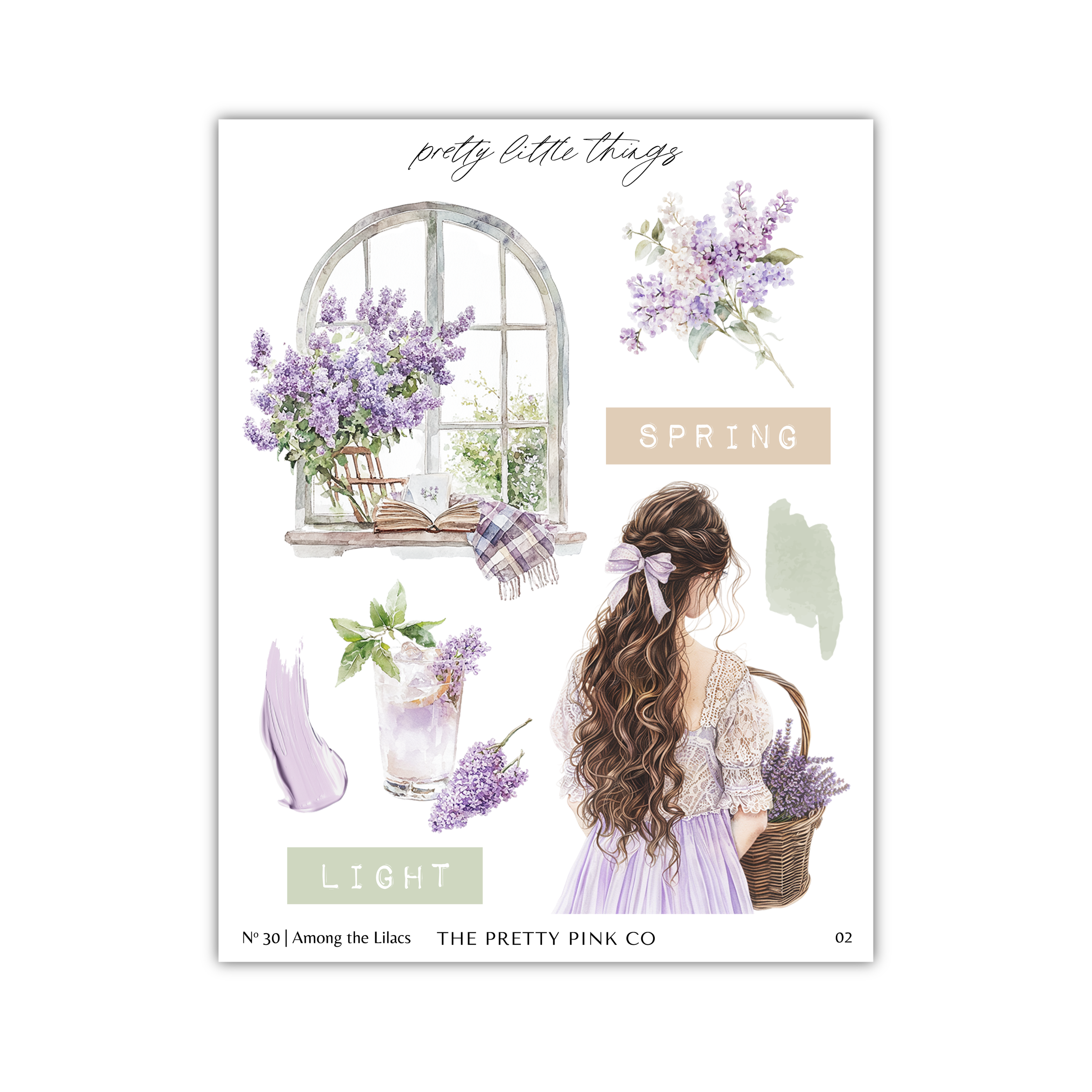 The image is a collage of various elements related to spring, including a woman with long hair, a window with purple flowers, and a basket of flowers.