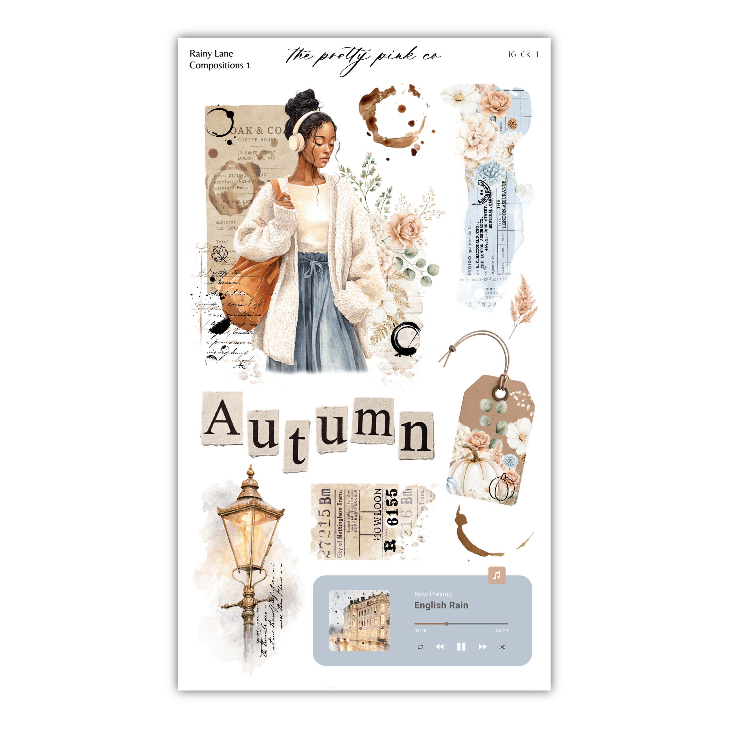 The image is a collage of various elements related to autumn, including a woman, flowers, a lamp, and a clock.