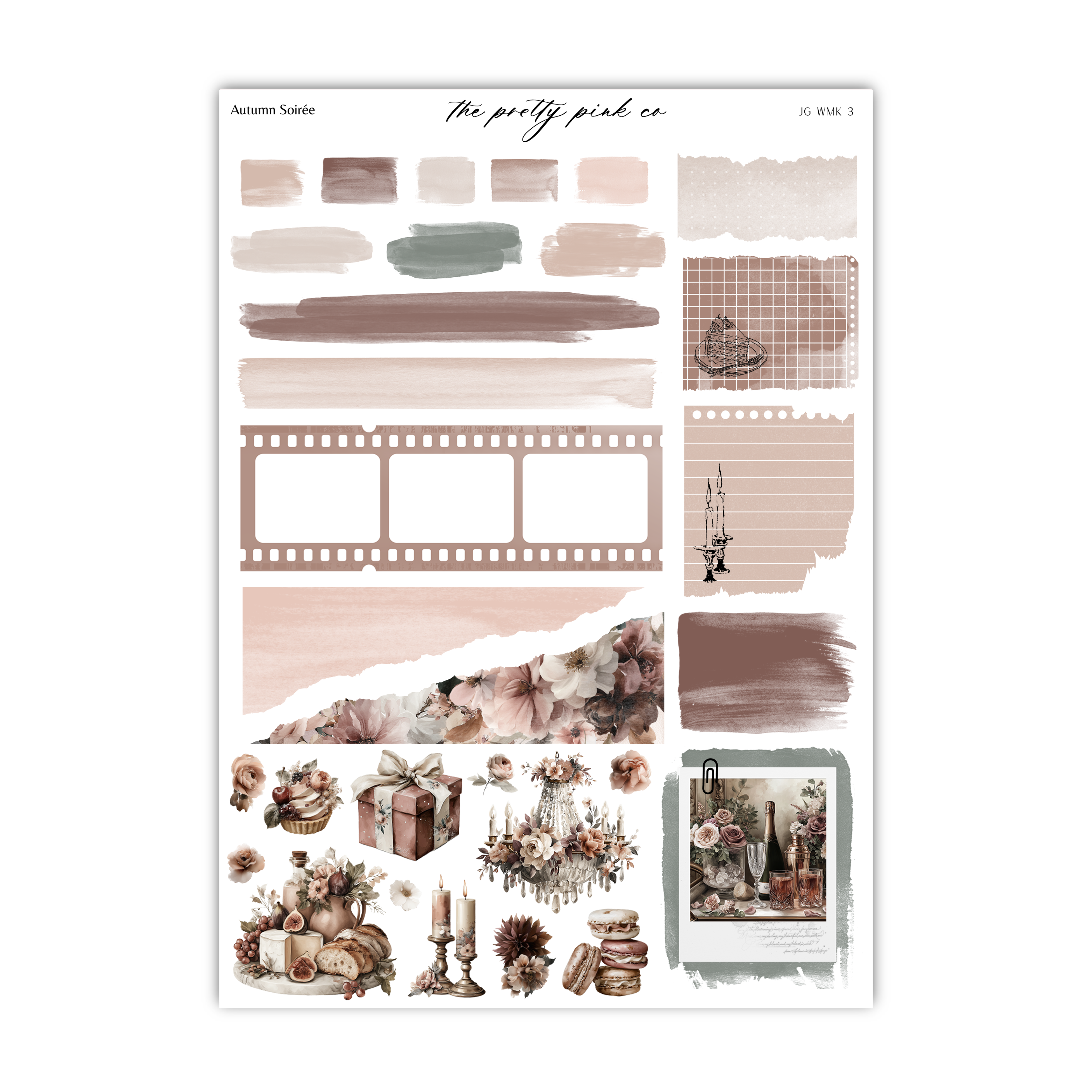 various decorative elements and patterns, including a film strip, a floral arrangement, and a collage of different images. The image is not a single photograph but rather a collection of images that together create a visually appealing and artistic composition.