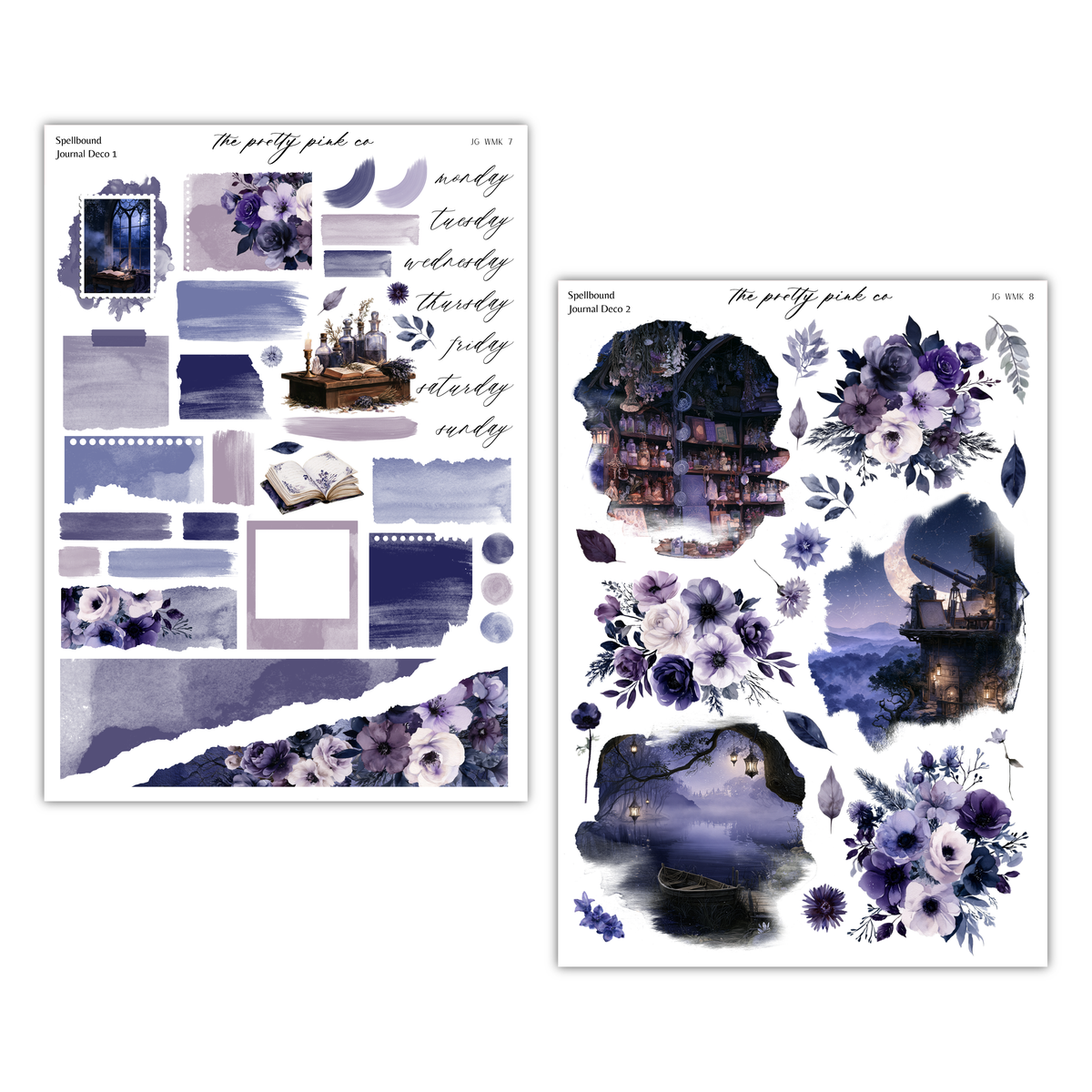 various purple and blue floral and nature-inspired elements, such as flowers, leaves, and a castle or house. The overall color scheme is predominantly purple, with accents of blue and gray. The image appears to be a collage or a collection of individual images, rather than a single, continuous scene.