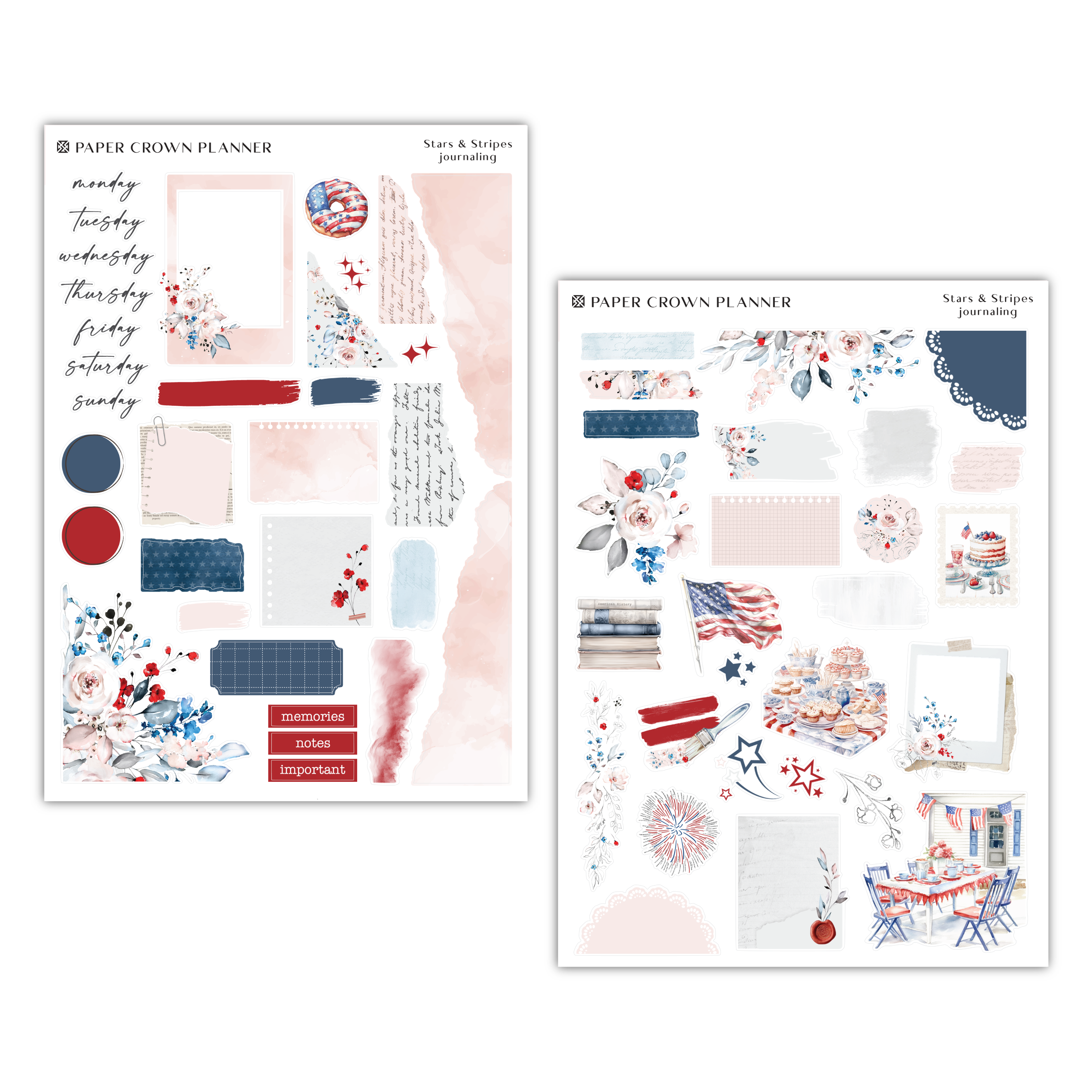 two sheets of paper with red, white and blue designs