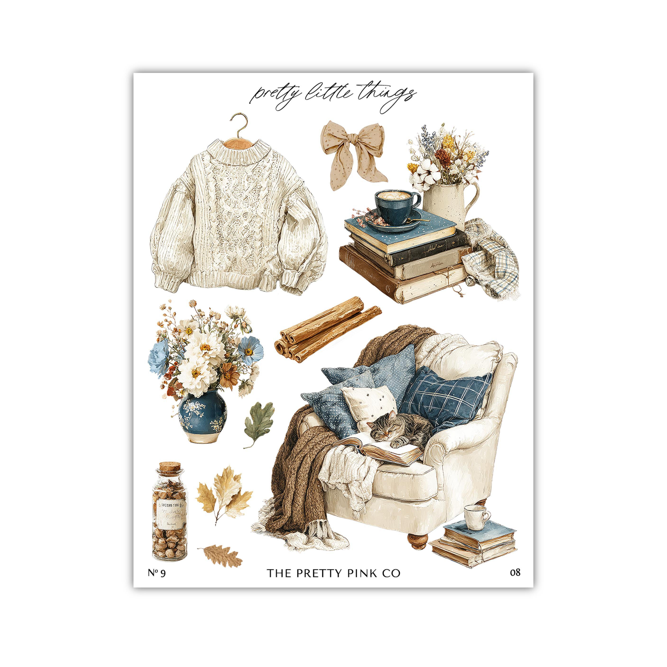 The image is a collage of various objects and items, including a sweater, books, flowers, a vase, a cat, a chair, and a bottle. The objects are arranged in a visually appealing manner, creating a cozy and comfortable atmosphere.