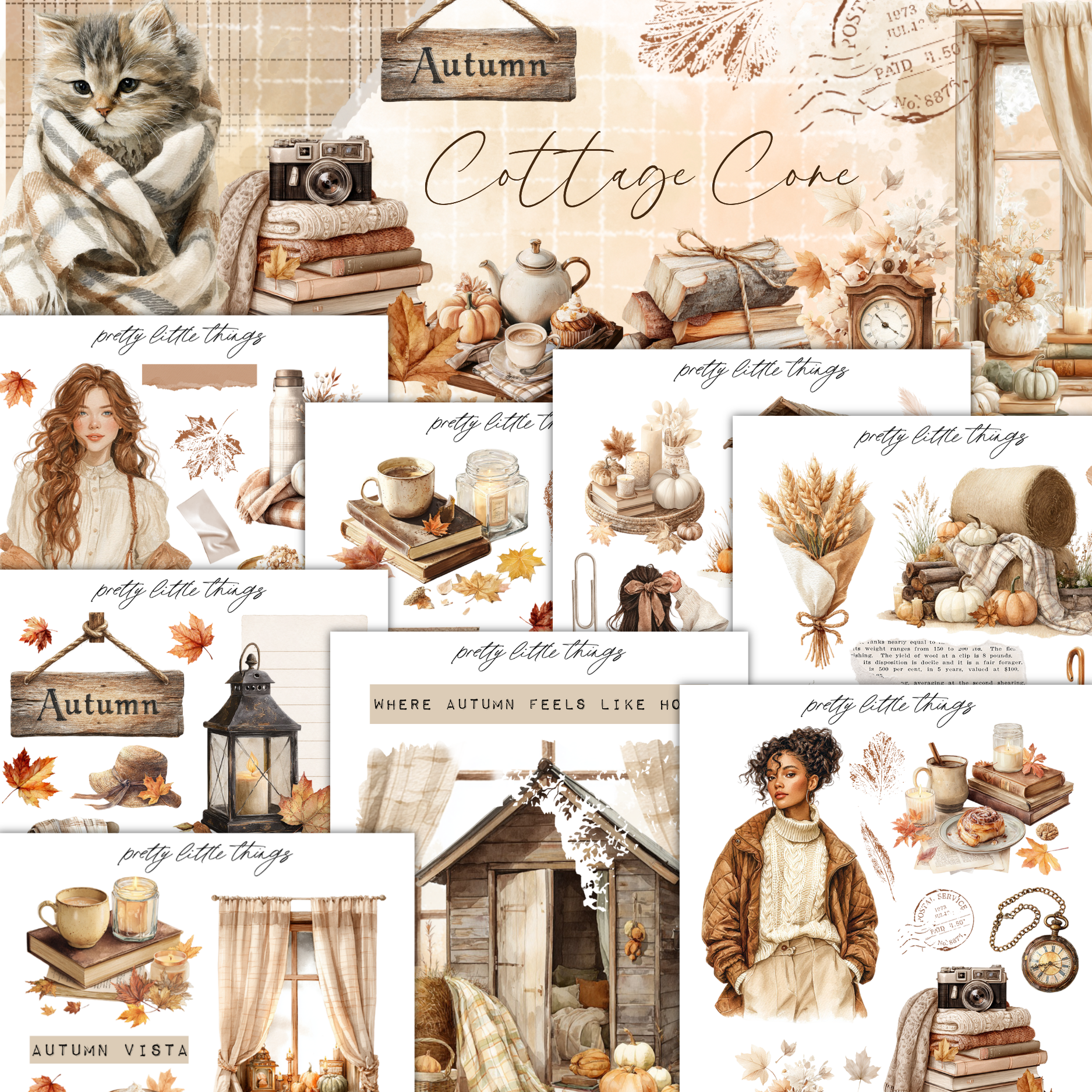 The image is a collage of various autumn-themed illustrations and objects, including a cat, a cottage, books, pumpkins, lanterns, and a woman. The collage is titled "Autumn Cottage Core" and includes text such as "pretty little things" and "where autumn feels like home".