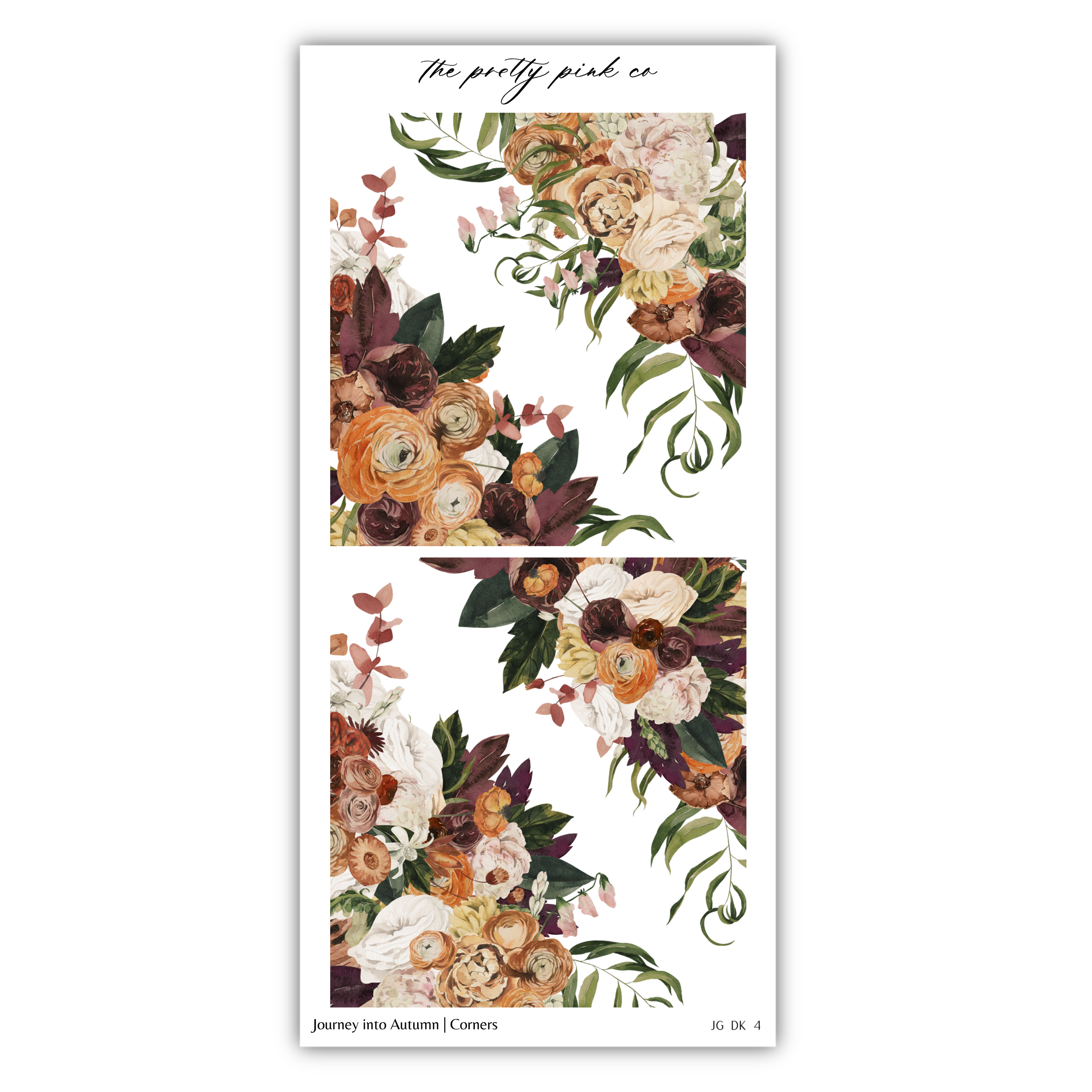 The image is a collage of two floral designs featuring various types of flowers and leaves. The designs are arranged in a vertical format, with the top image on the left and the bottom image on the right. The flowers in the images are predominantly orange and white, with some purple and green accents. The leaves are green and brown, adding to the overall autumnal theme of the collage. The collage is titled "Journey into Autumn (Corner)" and includes the text "The pretty pink co" at the top.