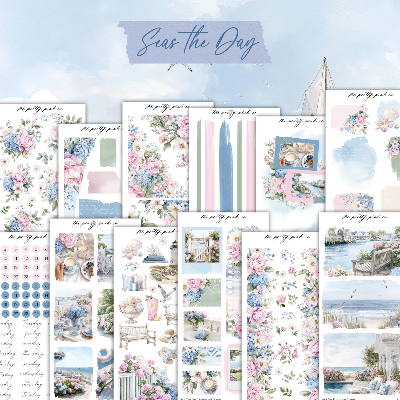 The image is a collage of various floral and nature-themed images, including flowers, plants, and landscapes, all set against a blue sky background.