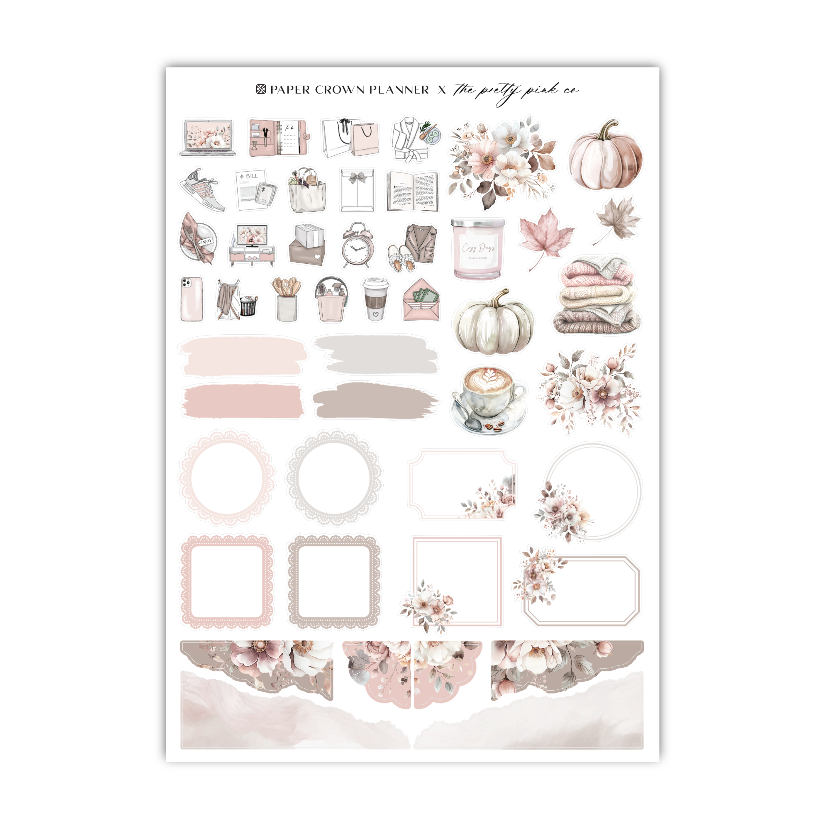 a sticker sheet with pink and white flowers