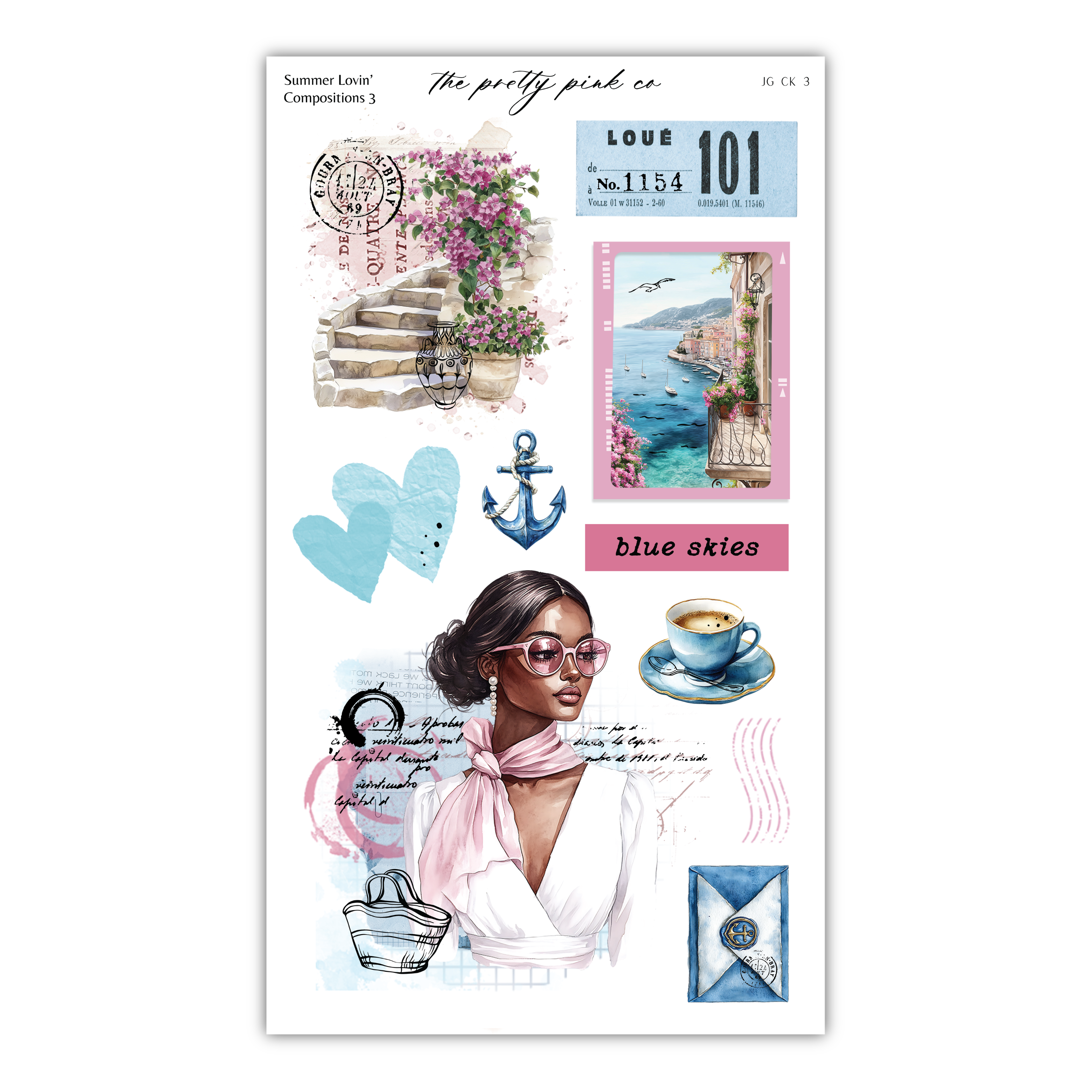 The image is a collage of various elements, including a woman, flowers, a cup, a heart, an anchor, and a bird. The collage appears to be a creative and artistic representation of different aspects of summer, such as fashion, nature, and travel.