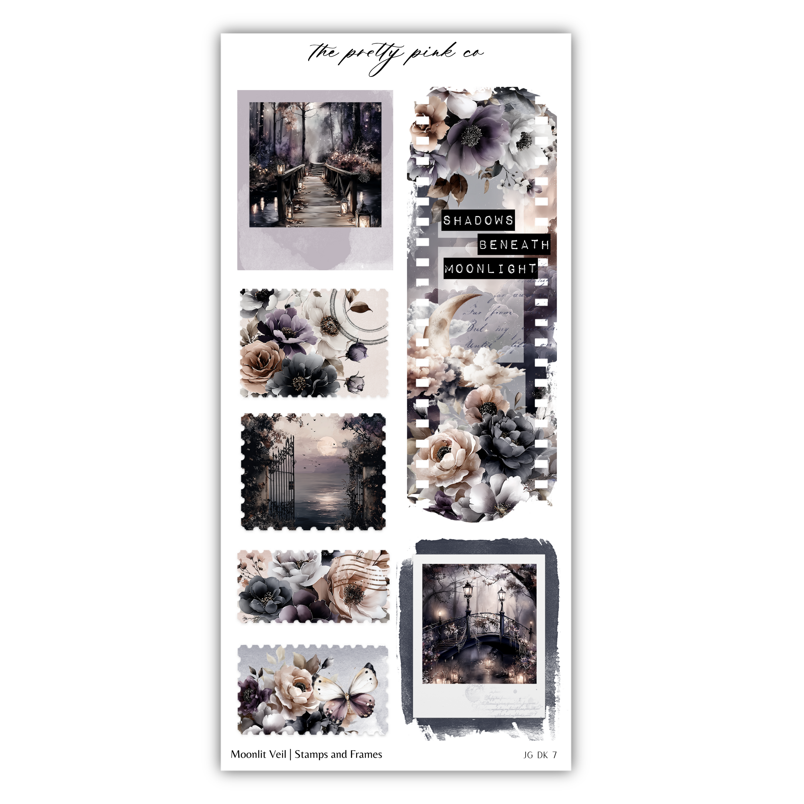 a collage of various artistic and floral-themed images, including a vignette, a film strip, and a collage of framed photographs. The collage is titled "The pretty pink co" and includes images of a bridge, flowers, and a moonlit night scene.