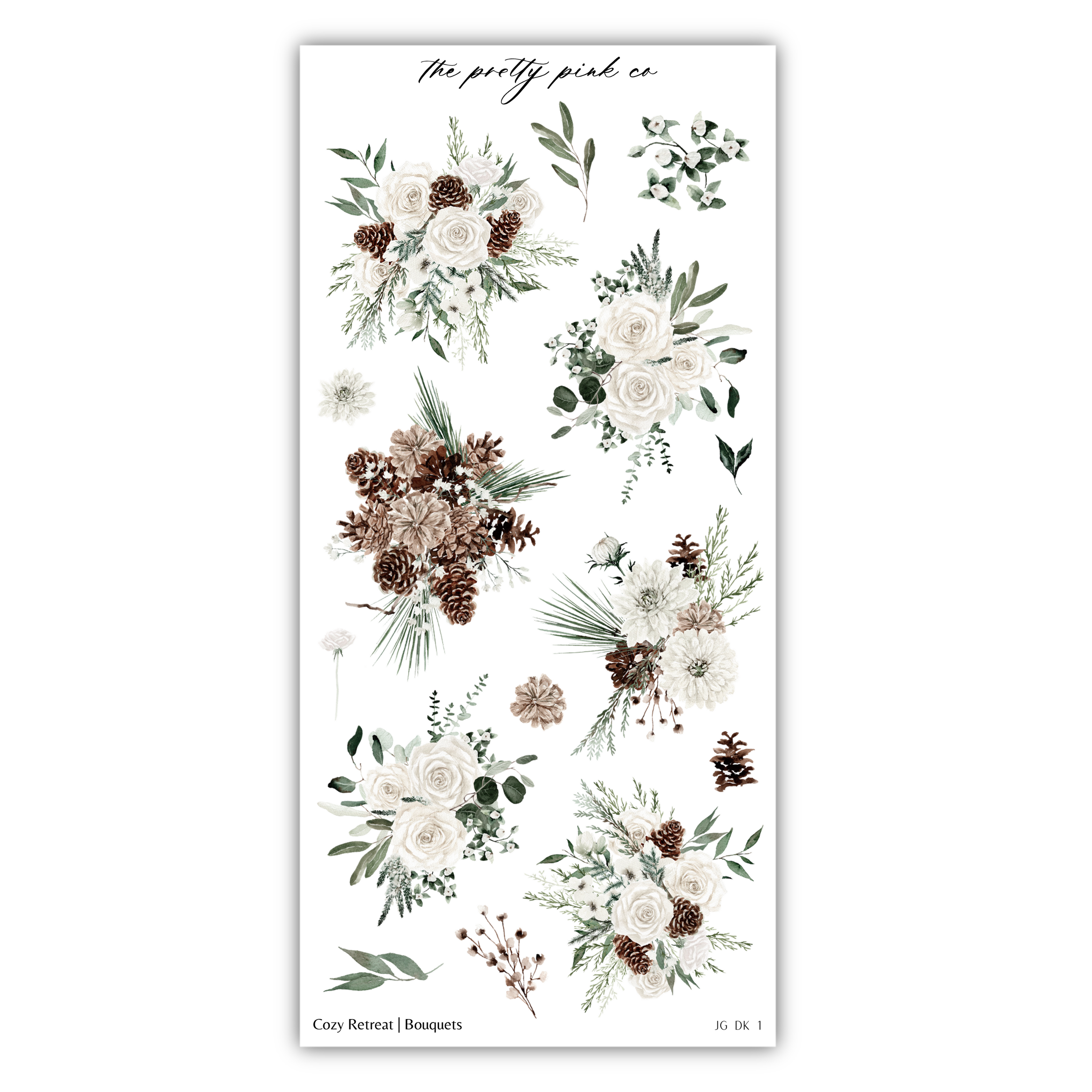 a sheet of stickers with flowers and pine cones