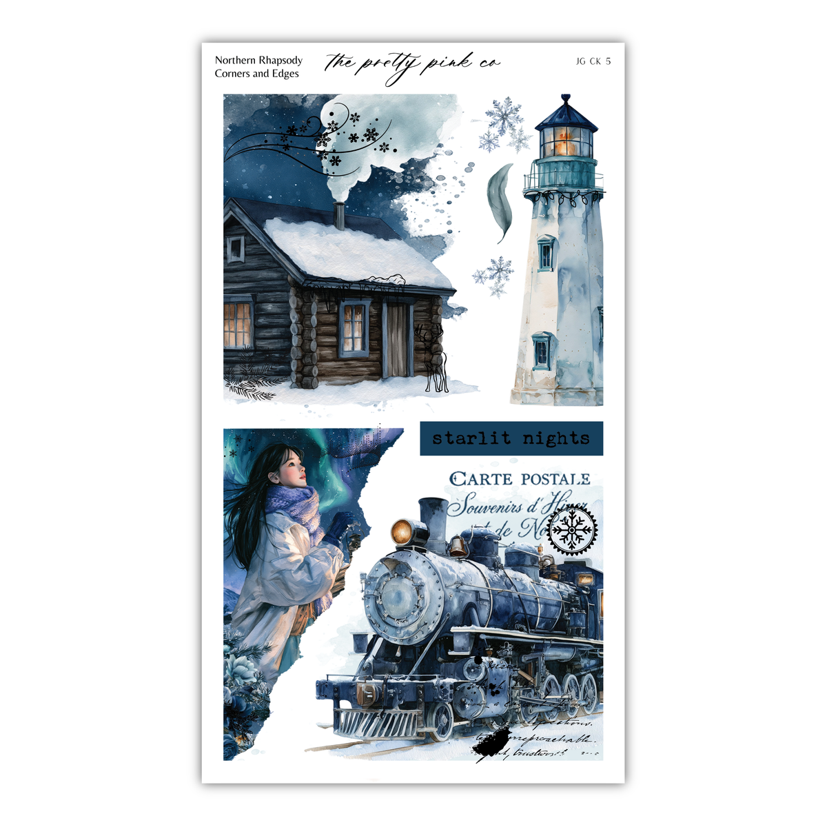 The image is a collage of two pictures depicting winter scenes. The top picture shows a snowy cabin with a snowman, while the bottom picture features a train and a lighthouse. The collage is titled "The pretty pink co" and includes the text "starlit nights" and "Carte Postale Soutenir d'Hôtel de laWRAP".