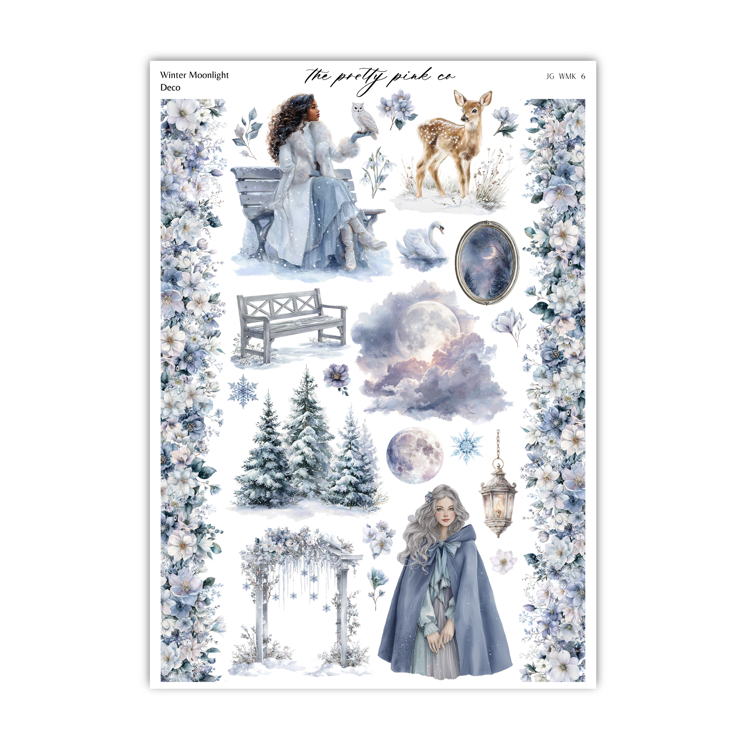 The image is a collage of various winter-themed elements, including a woman sitting on a bench, a deer, a swan, a snow-covered forest, a full moon, and a lantern.