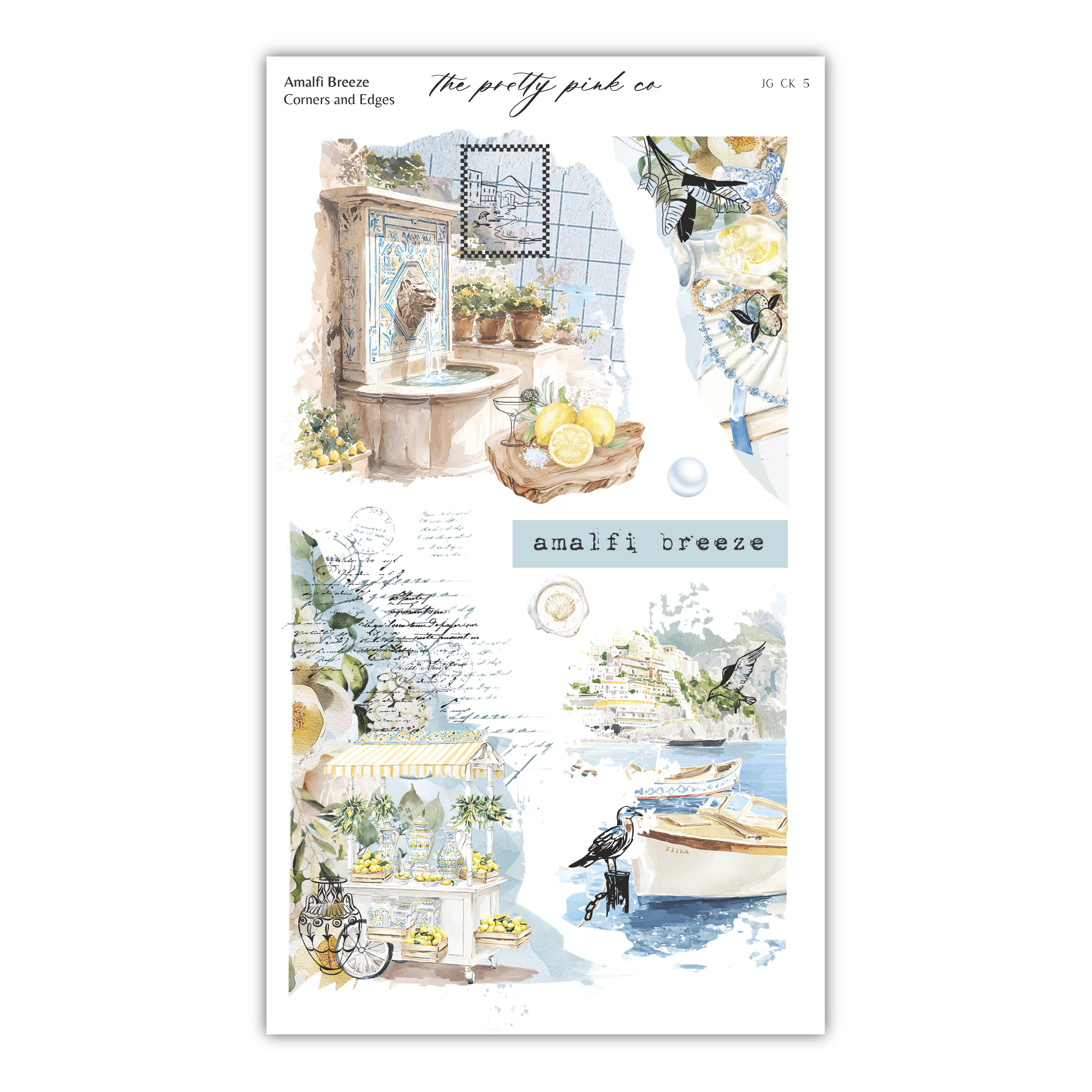 The image is a collage of various scenes depicting a coastal area, including a fountain, a boat, and a lemon tree.