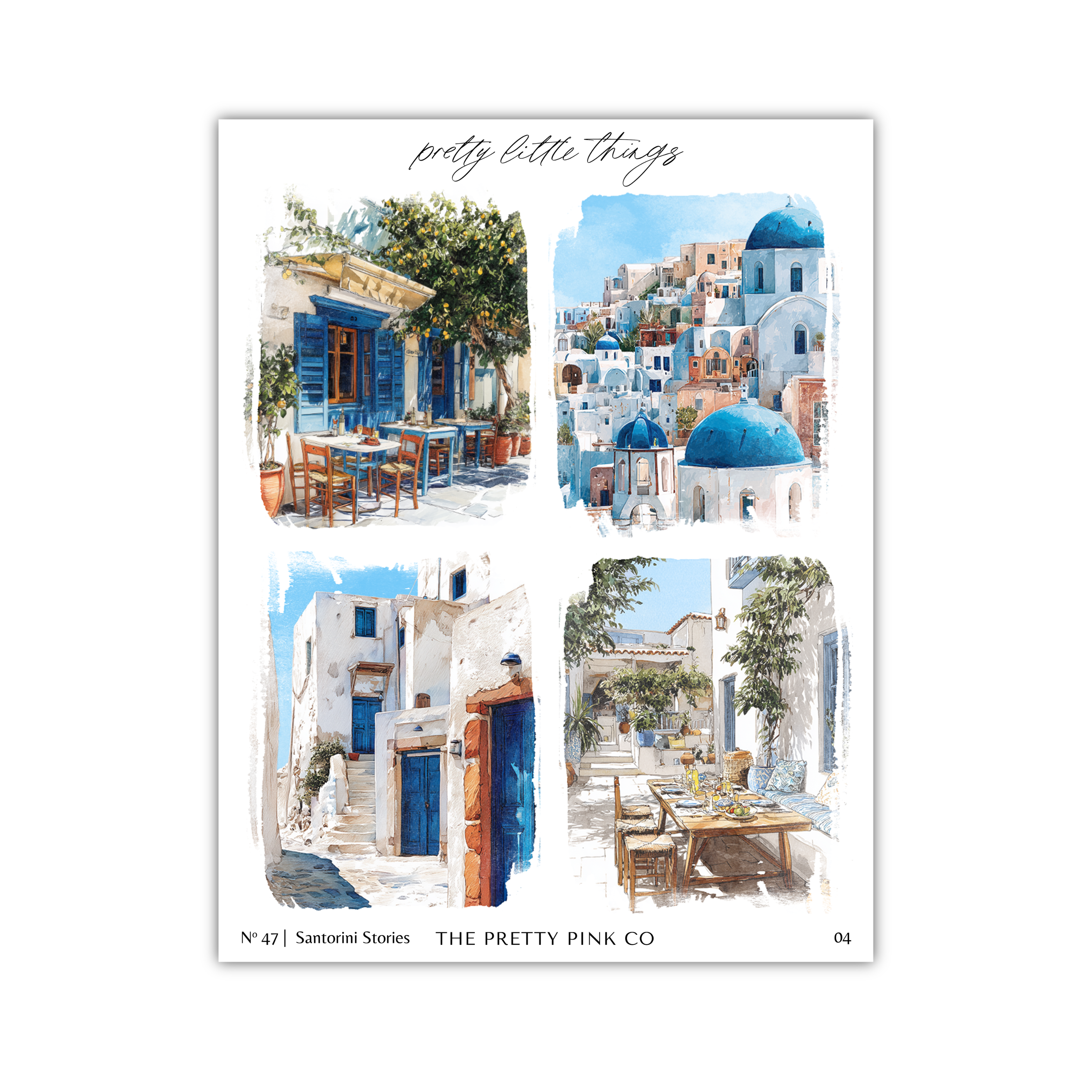 The image is a collage of four pictures depicting various scenes from Santorini, Greece. The collage includes images of buildings, outdoor dining areas, and people enjoying the beautiful surroundings.
