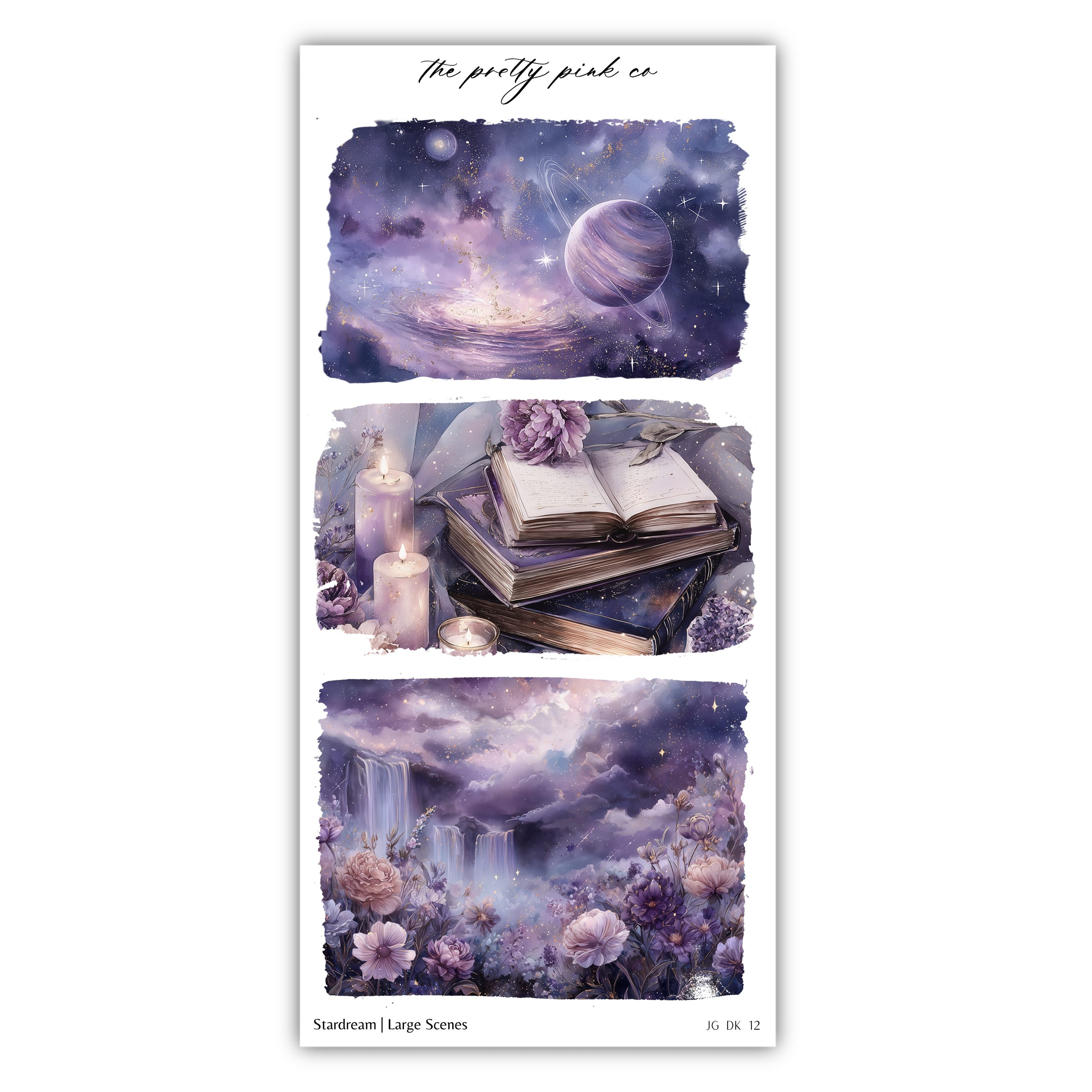 The image is a collage of three large-scale scenes featuring a purple and blue cosmic landscape, a book with a purple flower, and a field of pink and purple flowers.