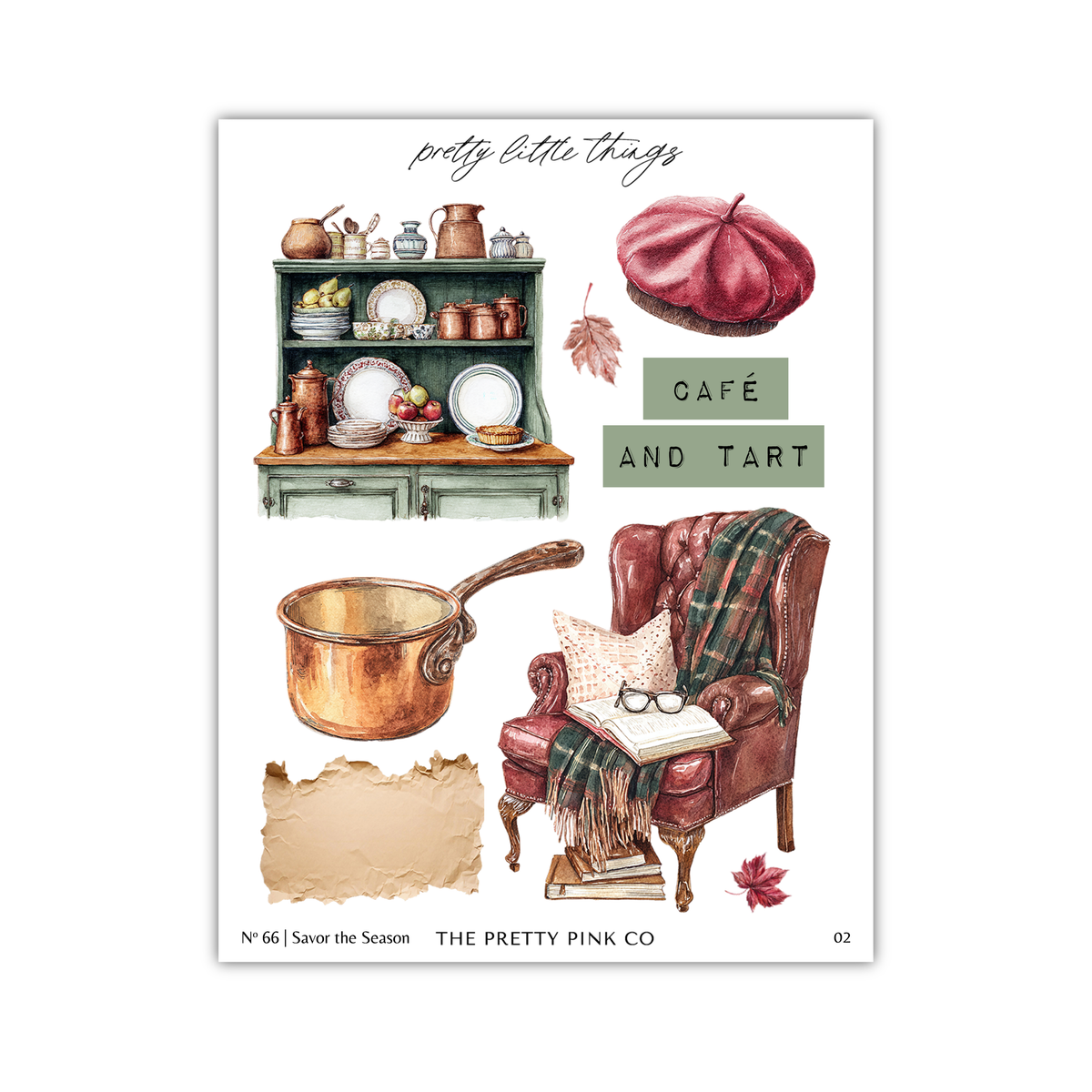 The image is a collage of various kitchen and dining items, including a green cabinet, a red hat, a copper pot, a red armchair, and a plate of food.