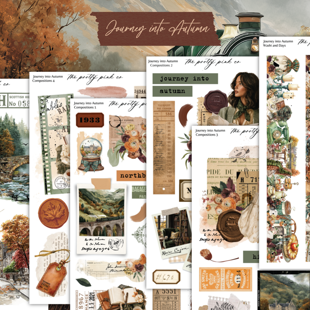 a variety of stickers with a woman in the woods