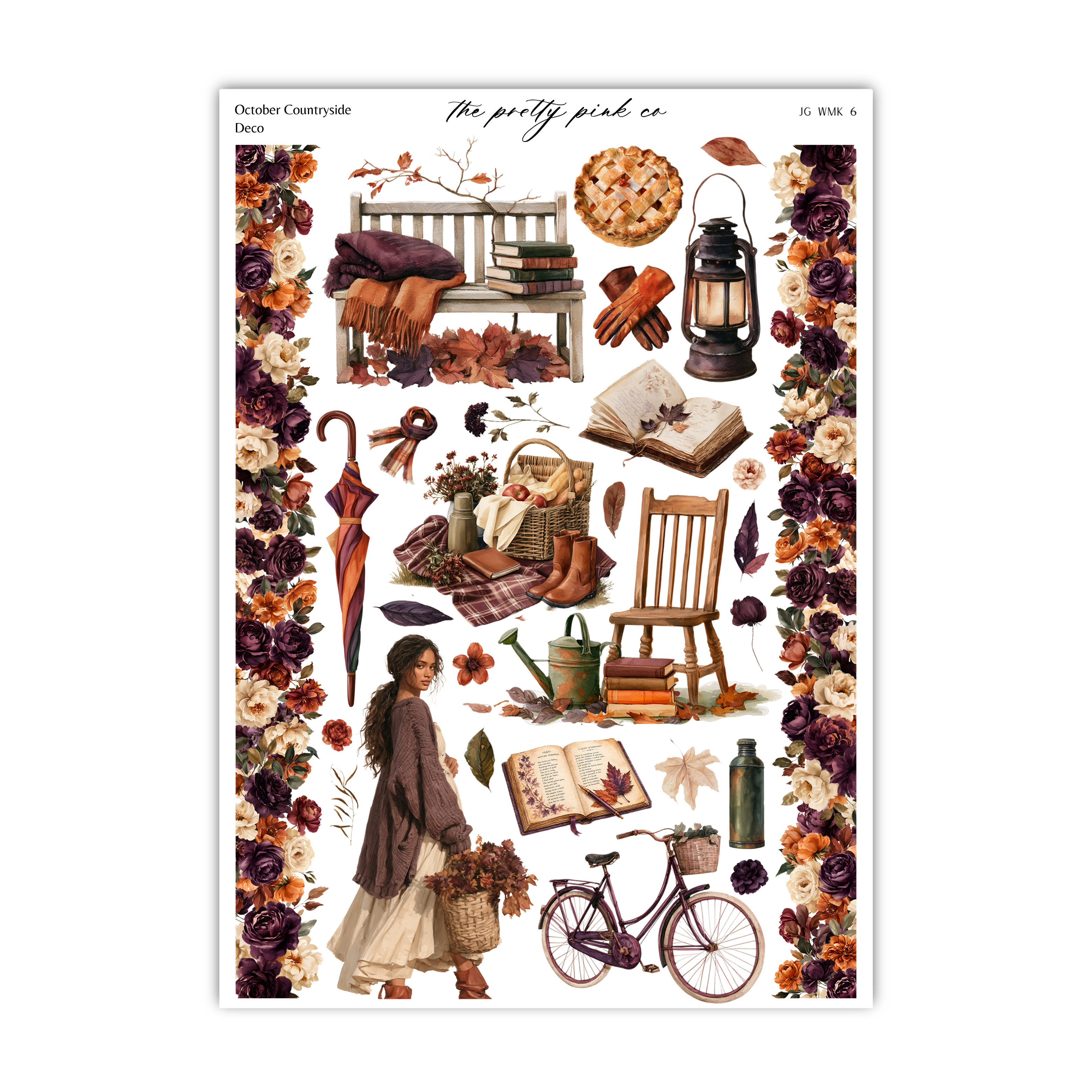 The image is a collage of various autumn-themed items, including a bench, lantern, book, bicycle, flowers, and a woman.
