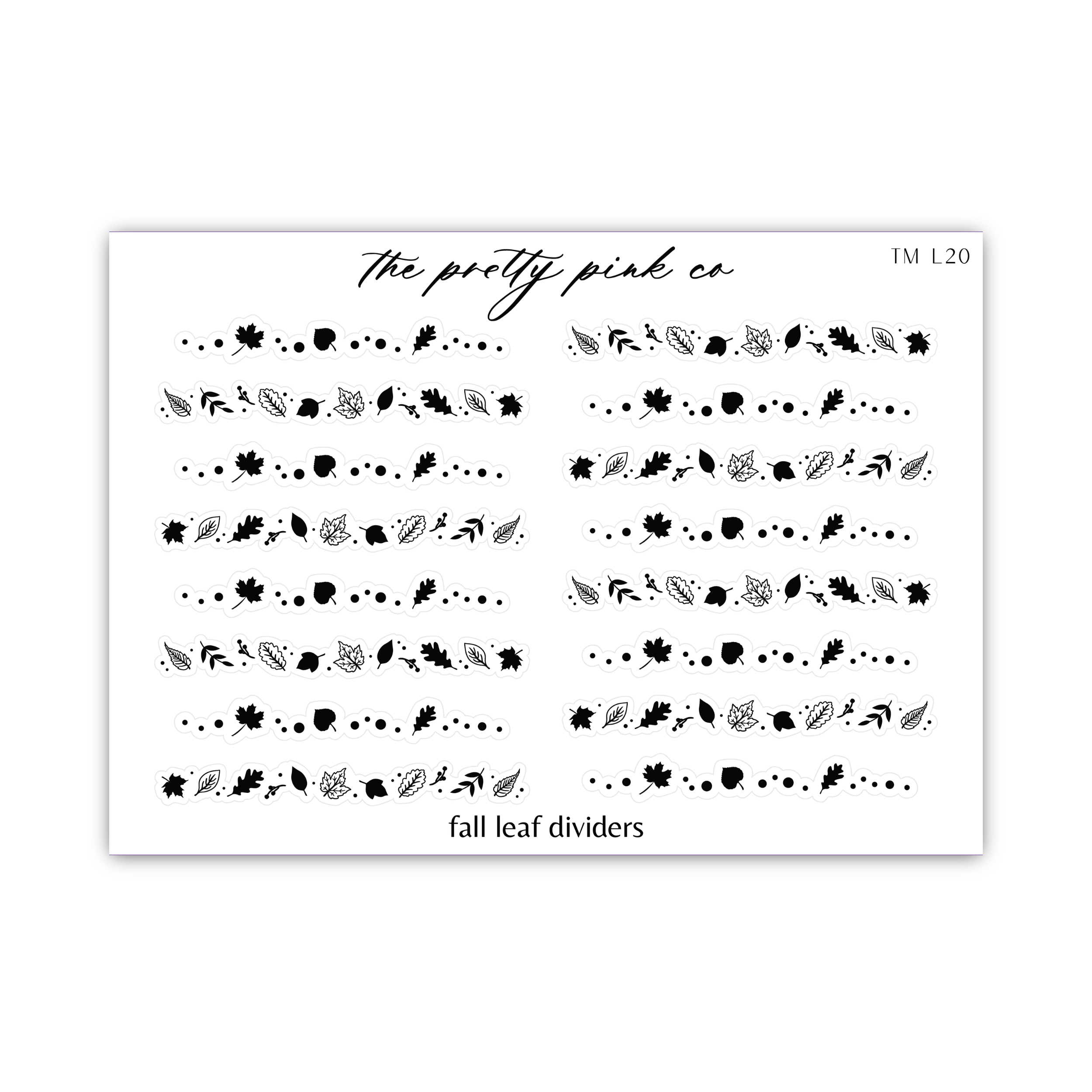 a sheet of black and white stickers with the words fall leaf dividers