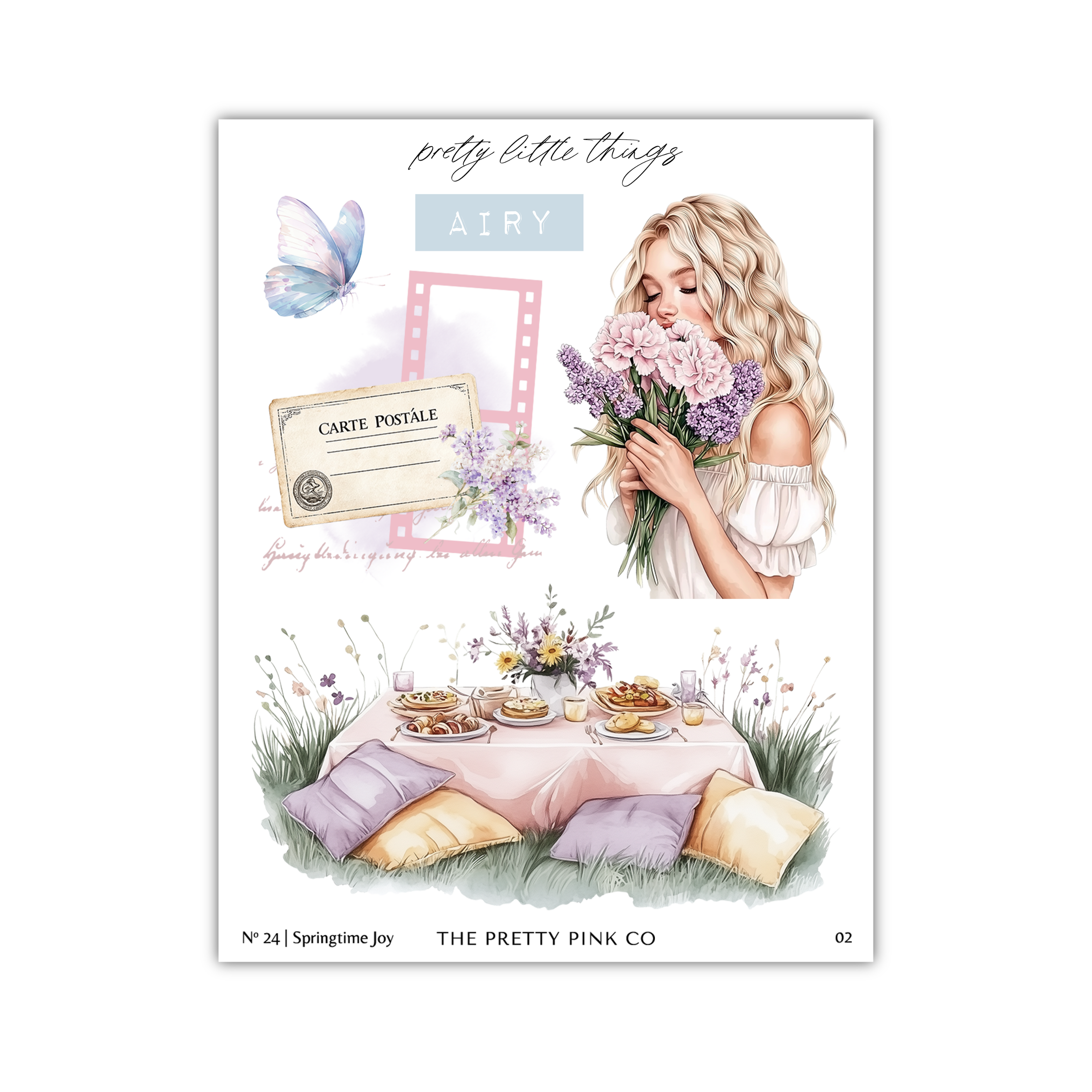 The image is a collage featuring a woman holding flowers, a table with food, and a butterfly.