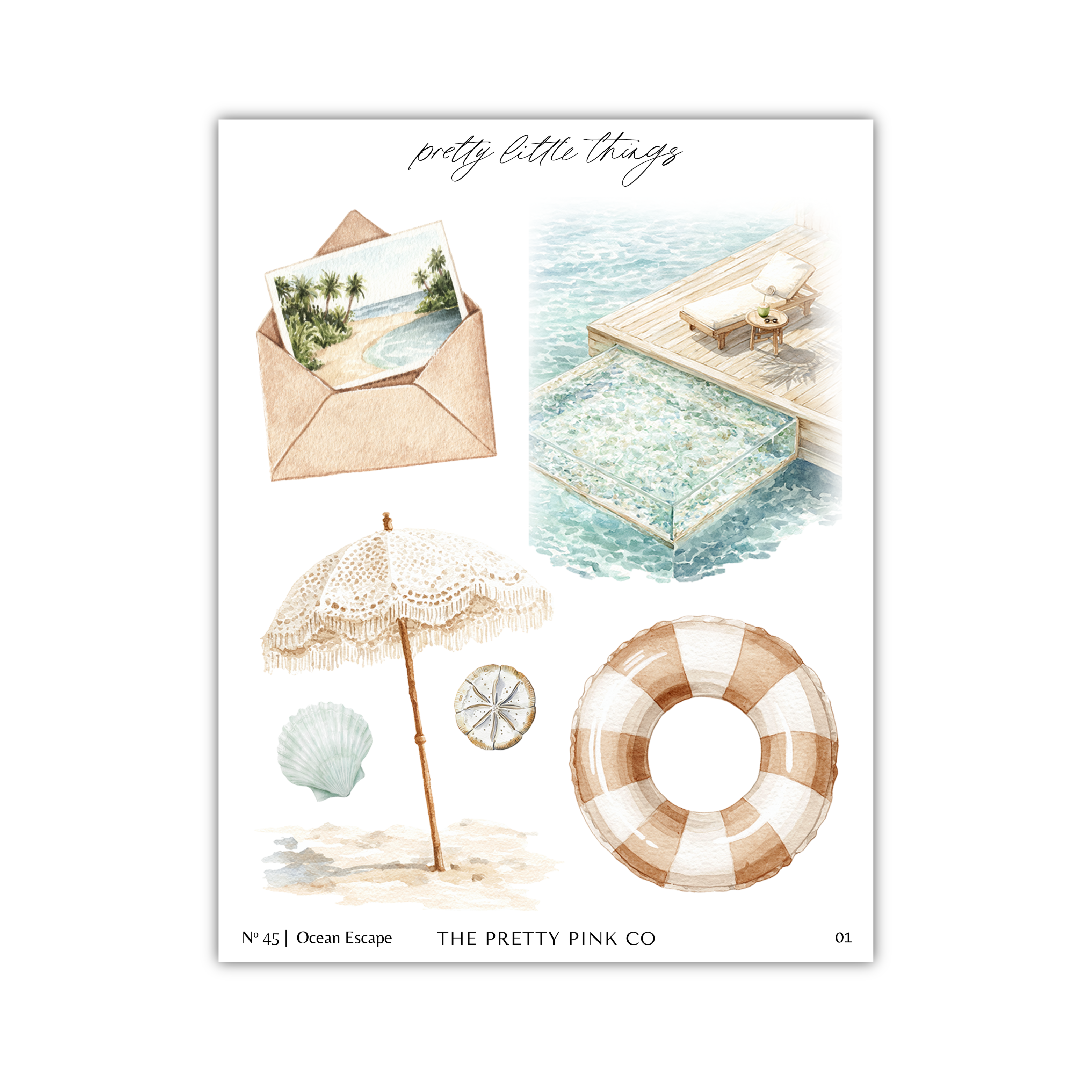 The image is a collage of various beach-related items, including an envelope, a pool, an umbrella, a seashell, and a life preserver, all set against a beach scene.